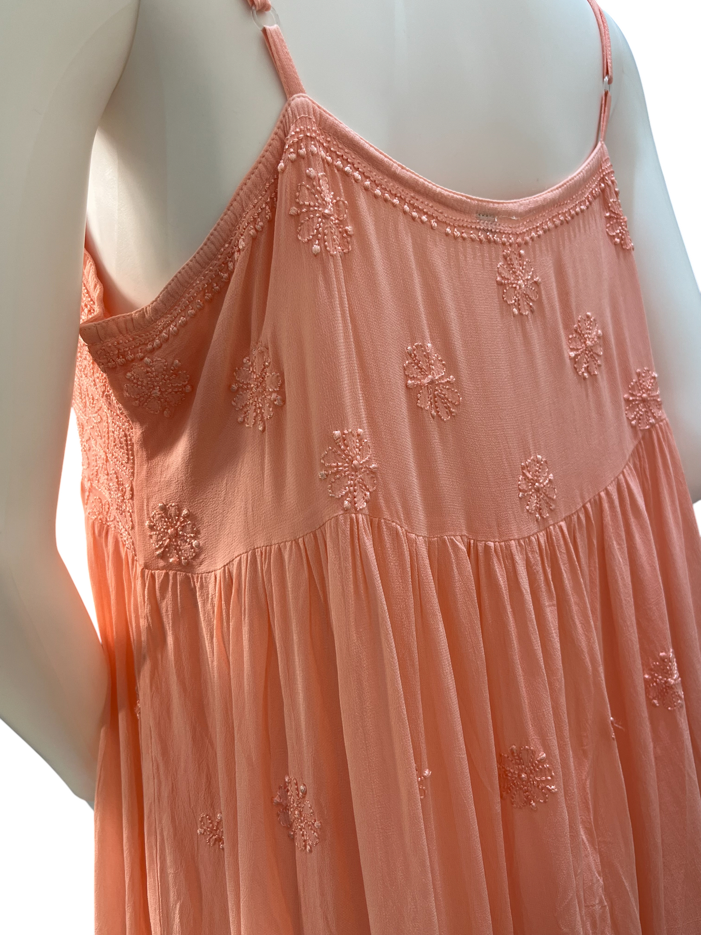 Peach Hand-Embroidered Chikankari Long Dress with Lace-Up Detail - SHILVIKA