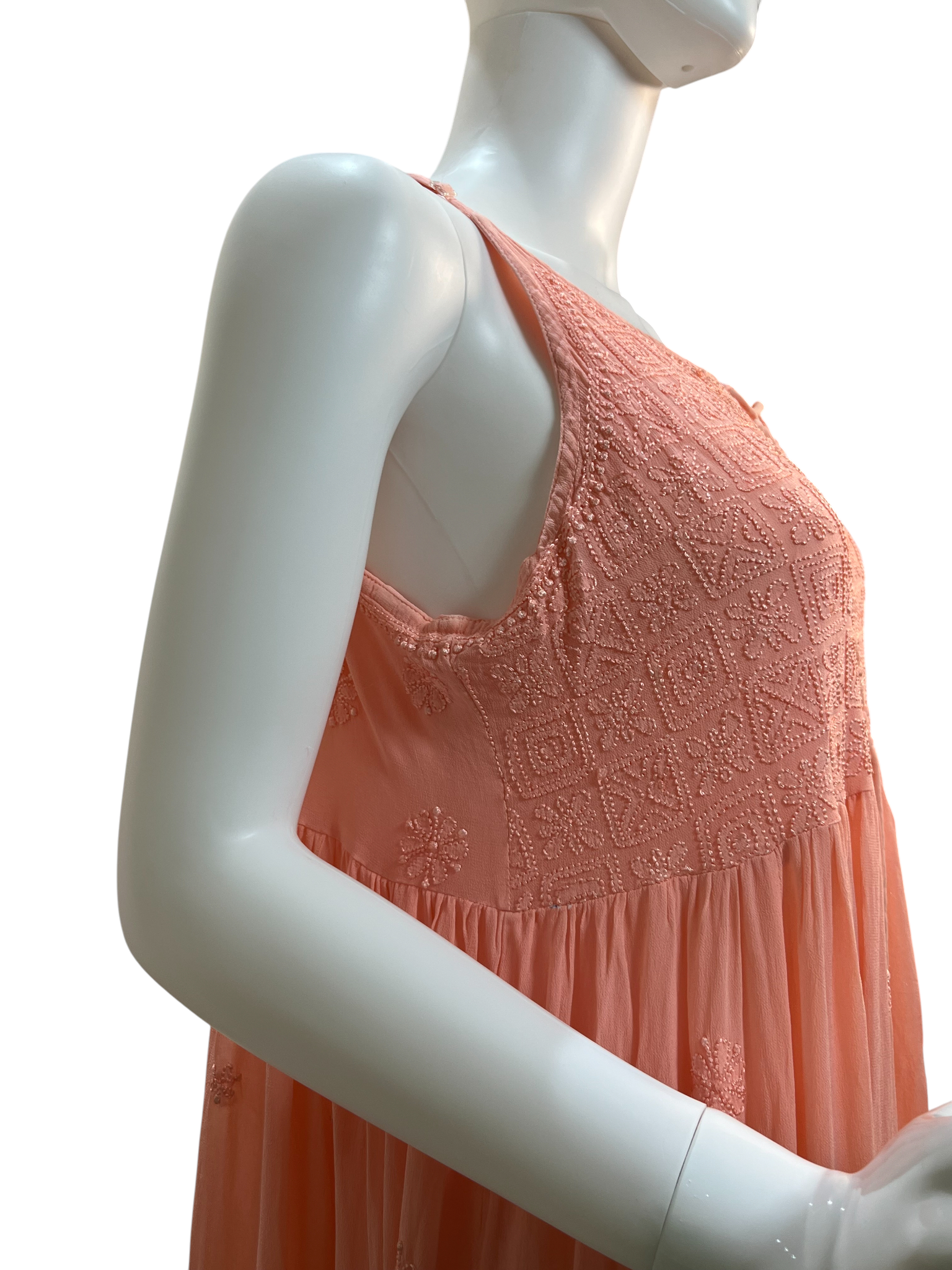 Peach Hand-Embroidered Chikankari Long Dress with Lace-Up Detail - SHILVIKA