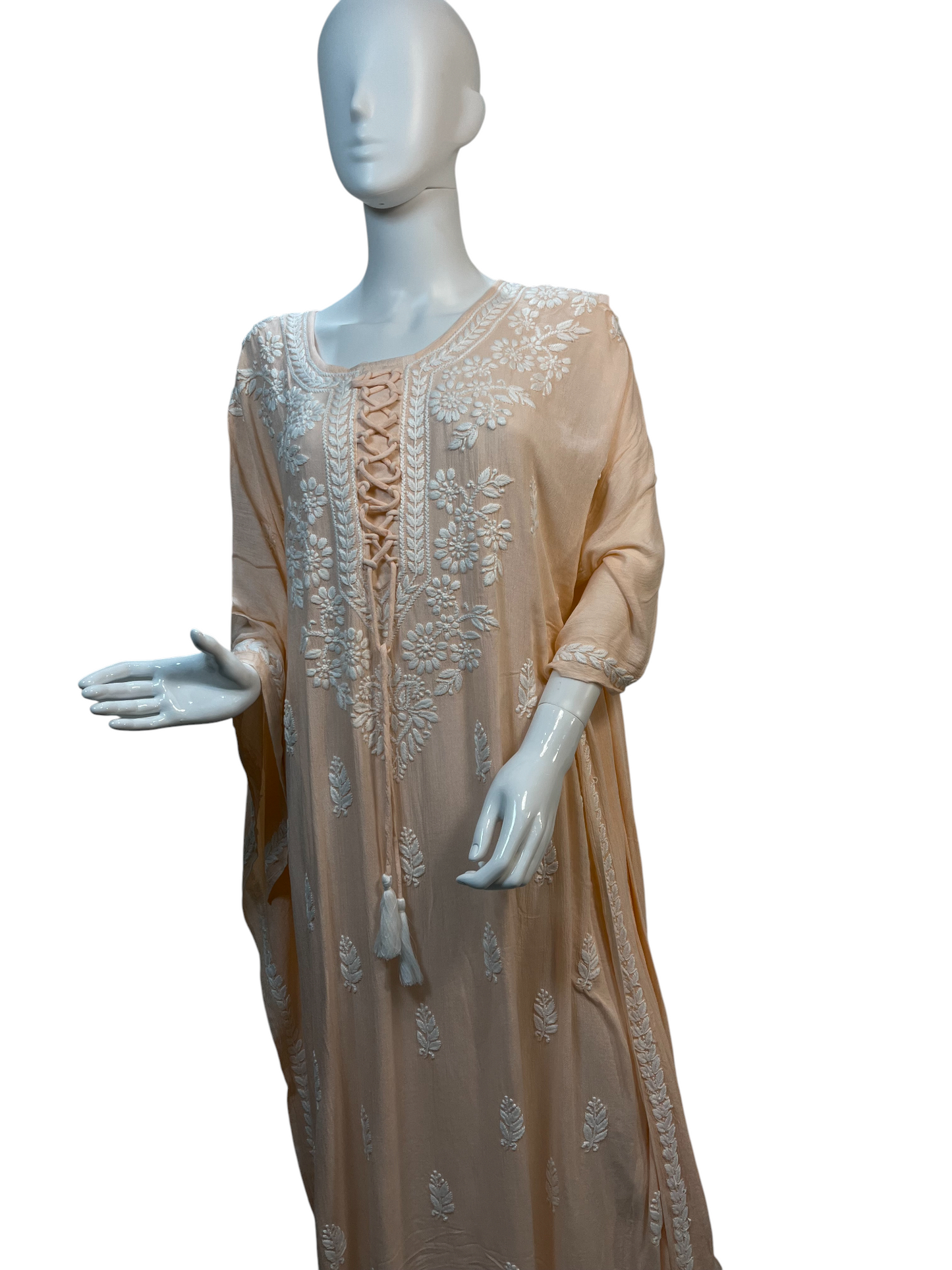 Peach Crush Rayon Kaftan with Intricate Chikankari Embroidery - SHILVIKA