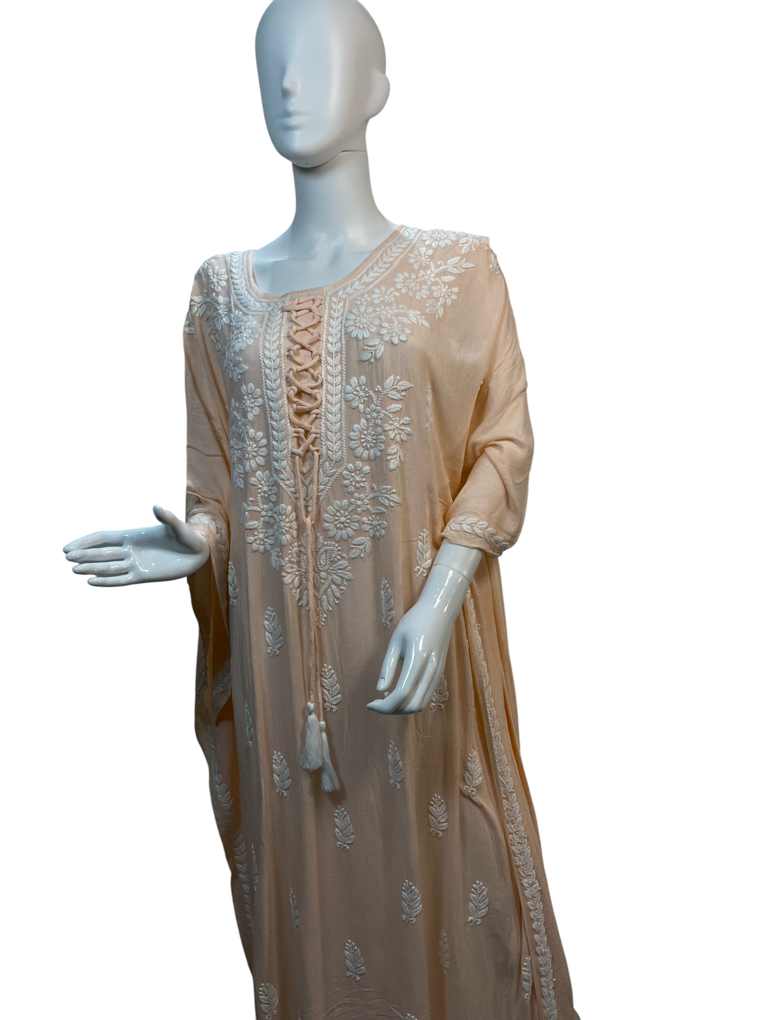 Peach Crush Rayon Kaftan with Intricate Chikankari Embroidery - SHILVIKA