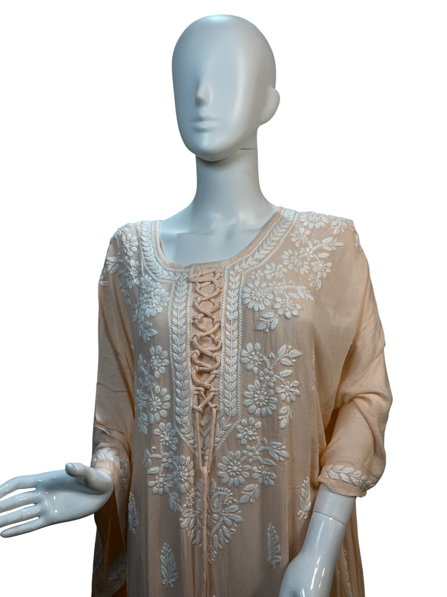 Peach Crush Rayon Kaftan with Intricate Chikankari Embroidery - SHILVIKA