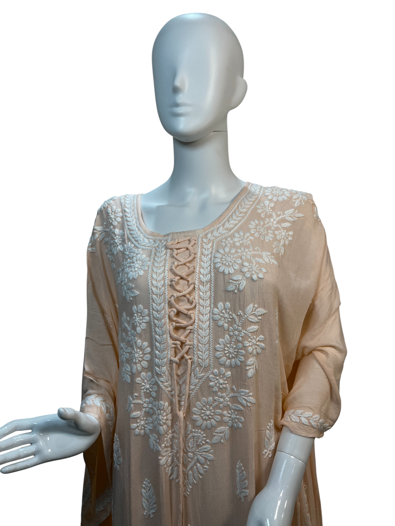 Peach Crush Rayon Kaftan with Intricate Chikankari Embroidery - SHILVIKA