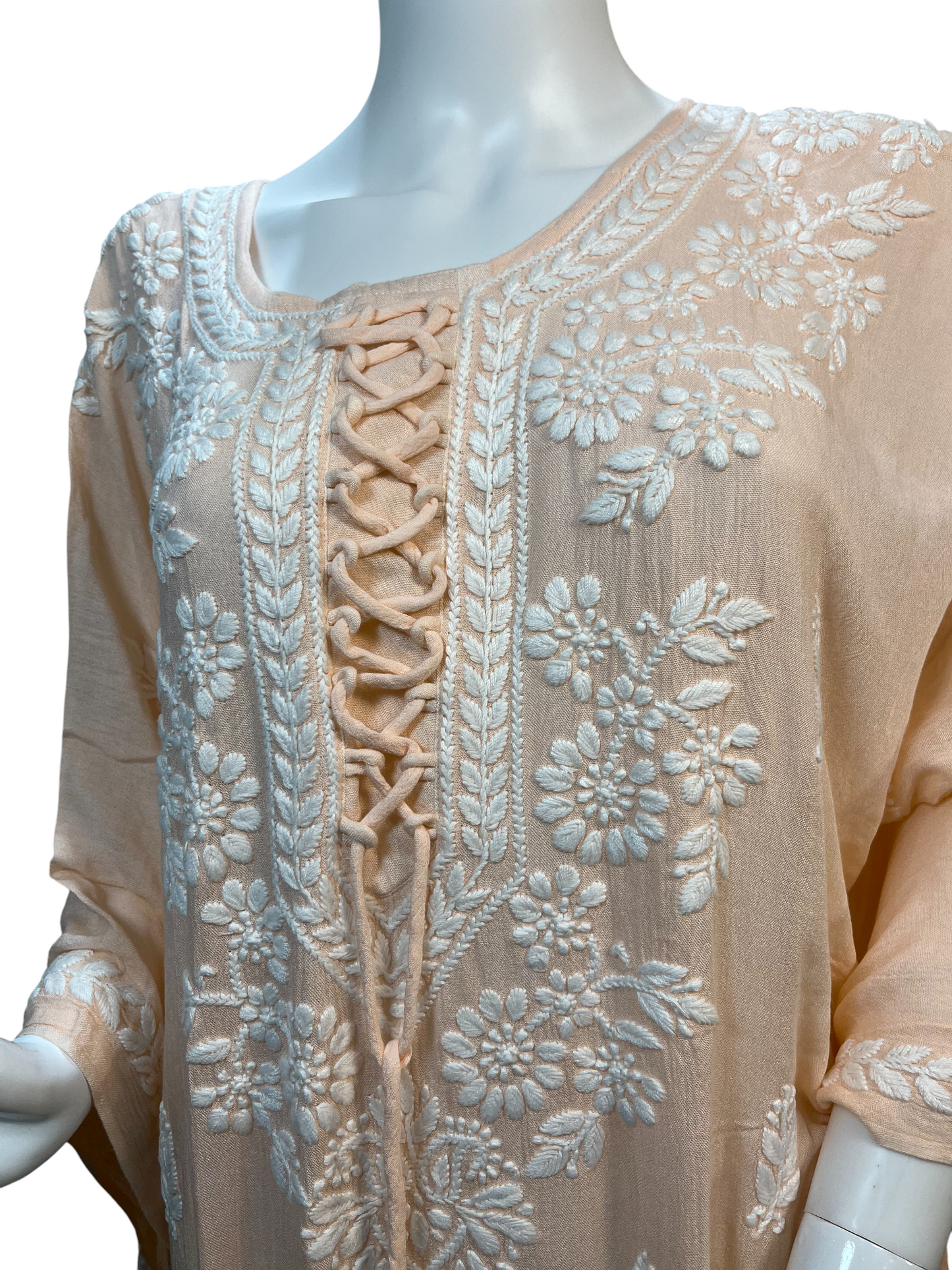Peach Crush Rayon Kaftan with Intricate Chikankari Embroidery - SHILVIKA