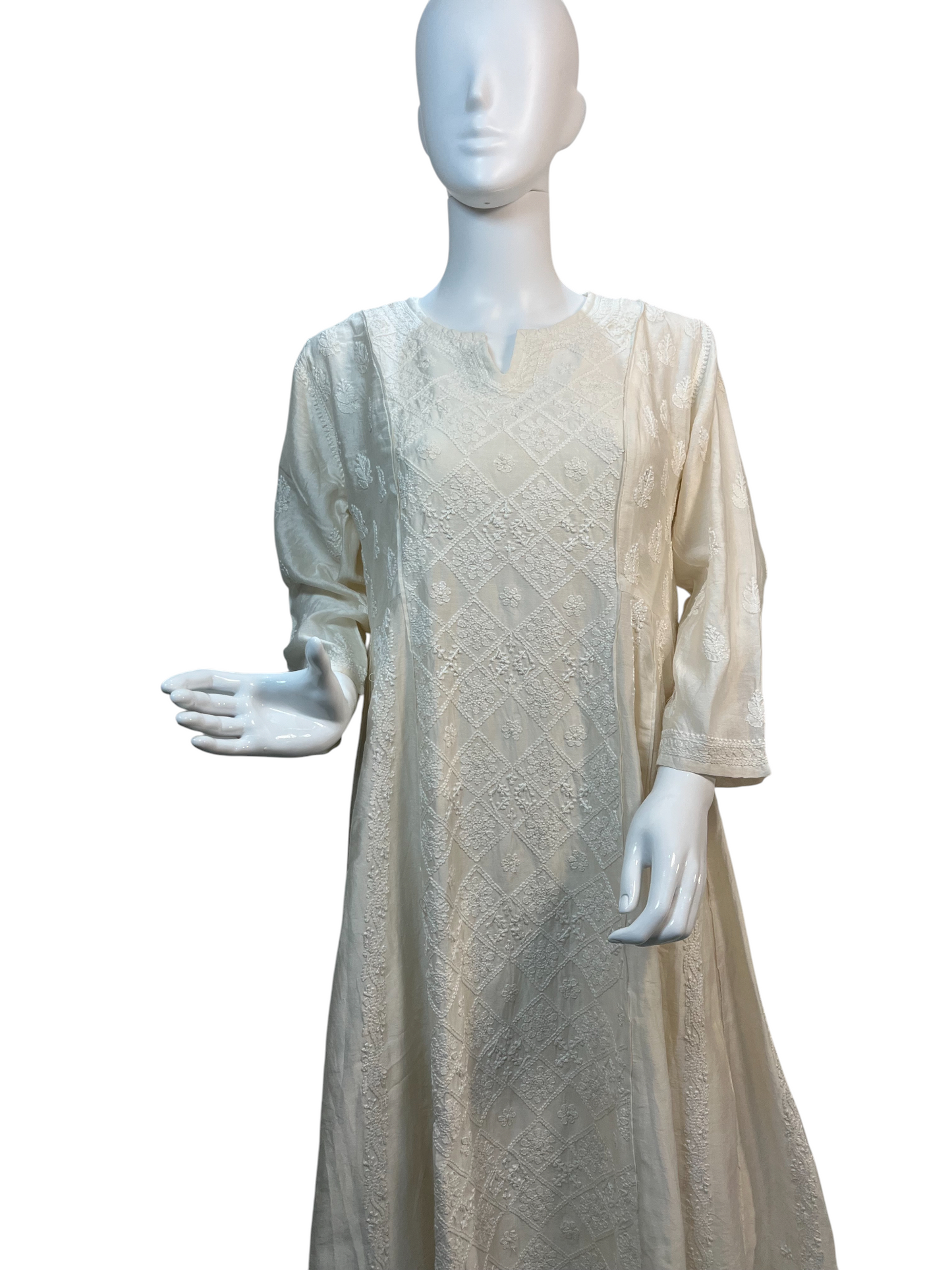 Handcrafted Ivory Chanderi Lucknowi Anarkali Dress - SHILVIKA