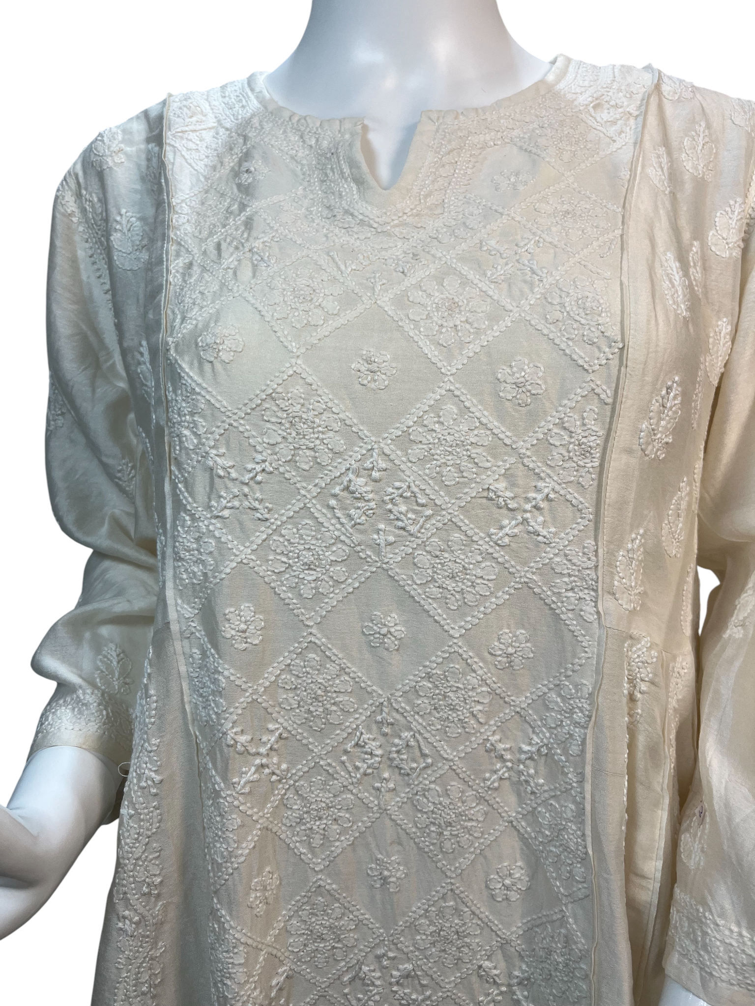 Handcrafted Ivory Chanderi Lucknowi Anarkali Dress - SHILVIKA