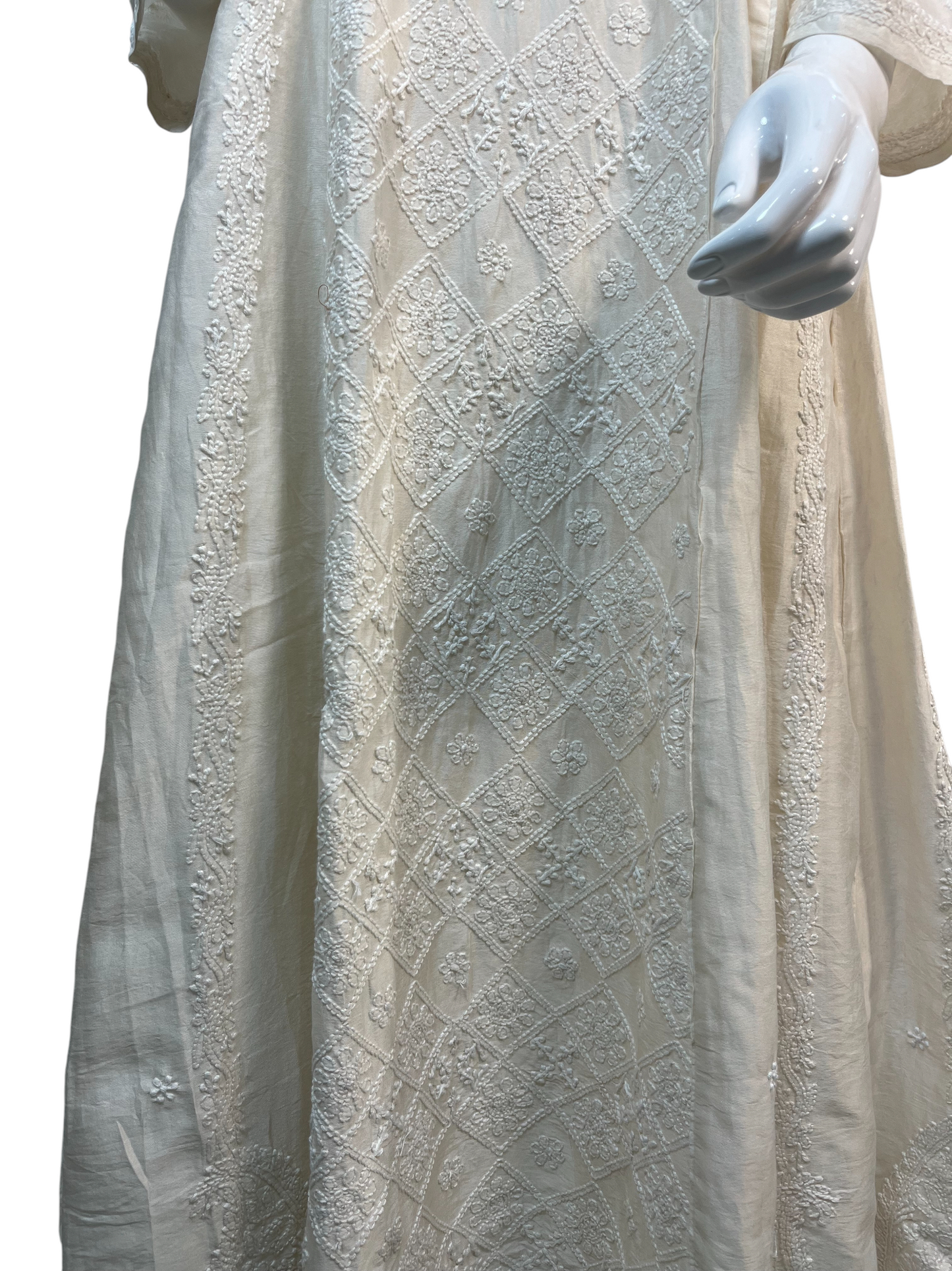 Handcrafted Ivory Chanderi Lucknowi Anarkali Dress - SHILVIKA