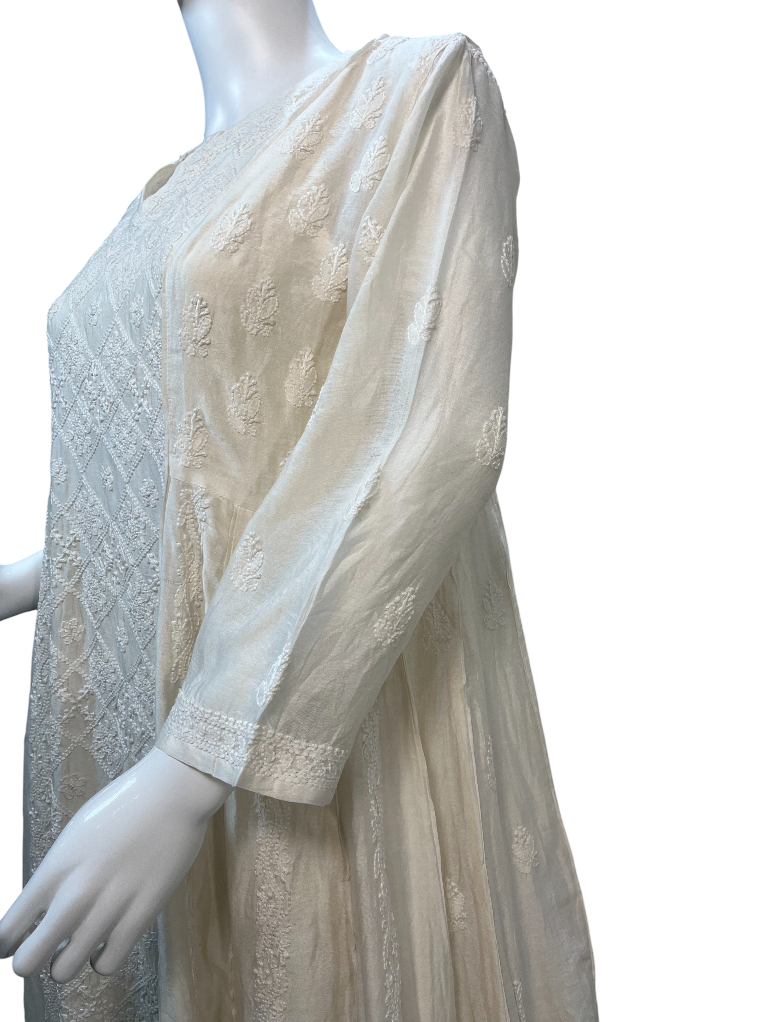 Handcrafted Ivory Chanderi Lucknowi Anarkali Dress - SHILVIKA
