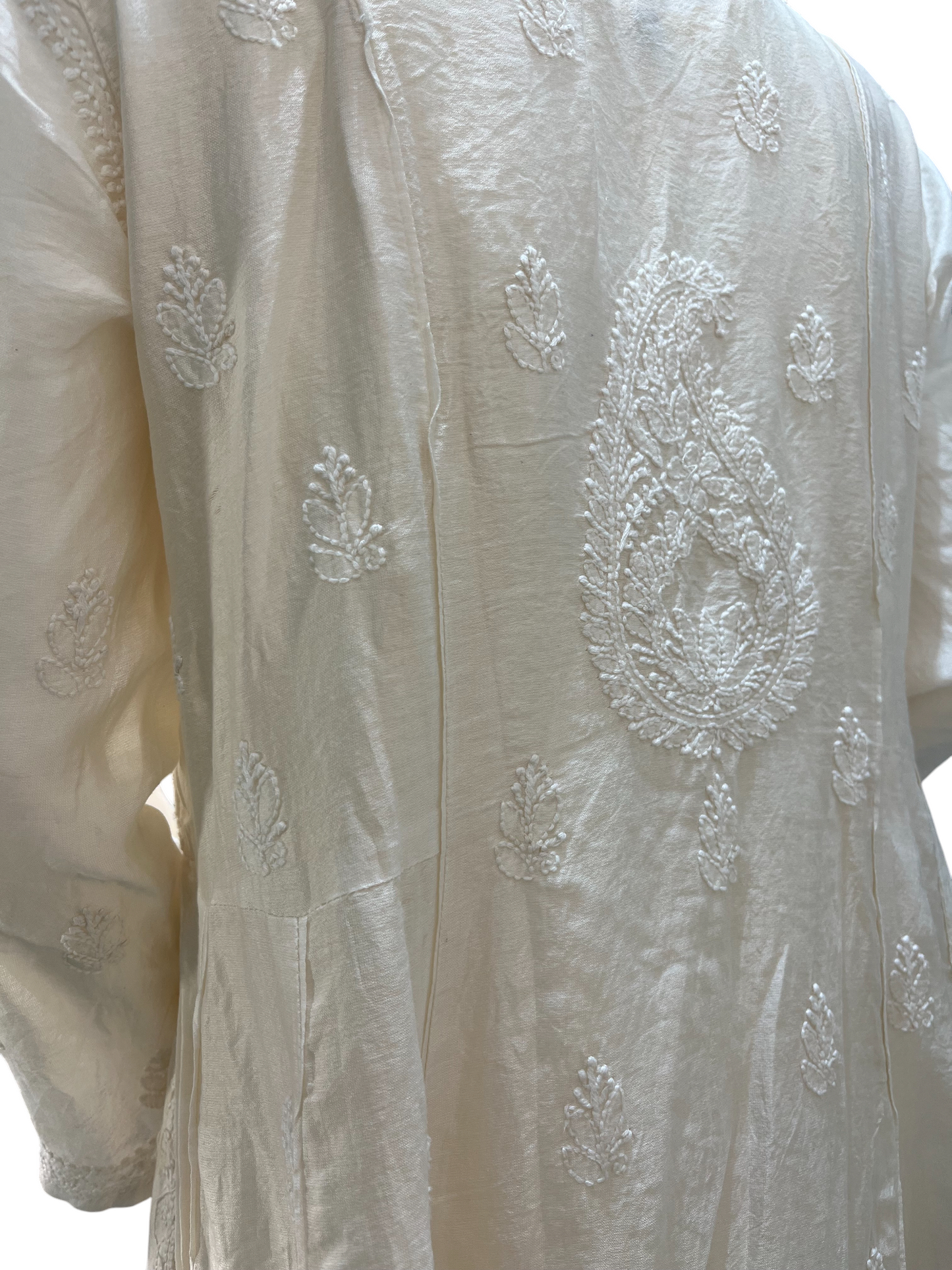 Handcrafted Ivory Chanderi Lucknowi Anarkali Dress - SHILVIKA