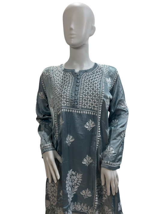 Greyish Blue Satin Chikankari Kurti with Ghaspatti & Keel Kangan Embroidery - SHILVIKA