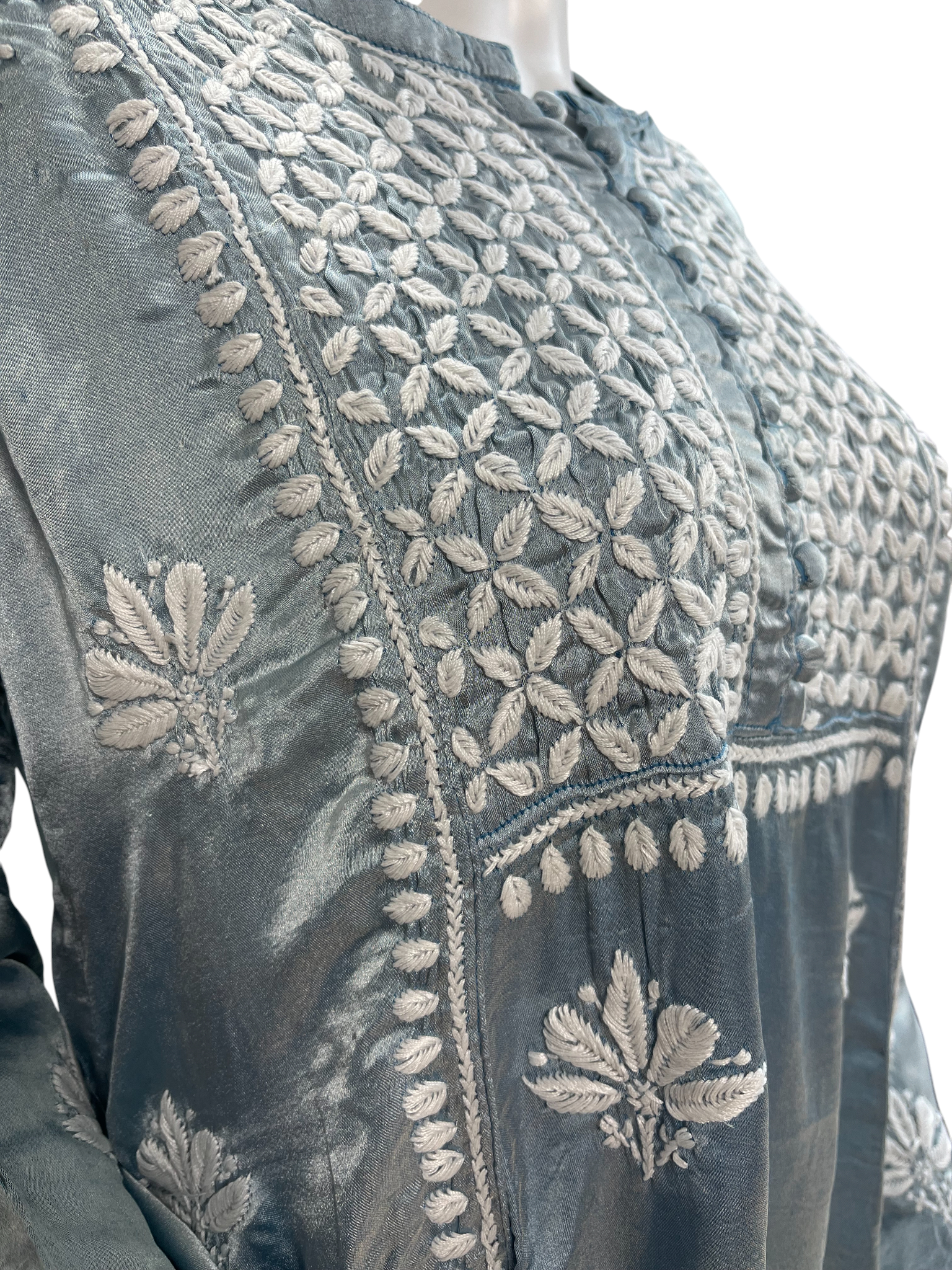 Greyish Blue Satin Chikankari Kurti with Ghaspatti & Keel Kangan Embroidery - SHILVIKA