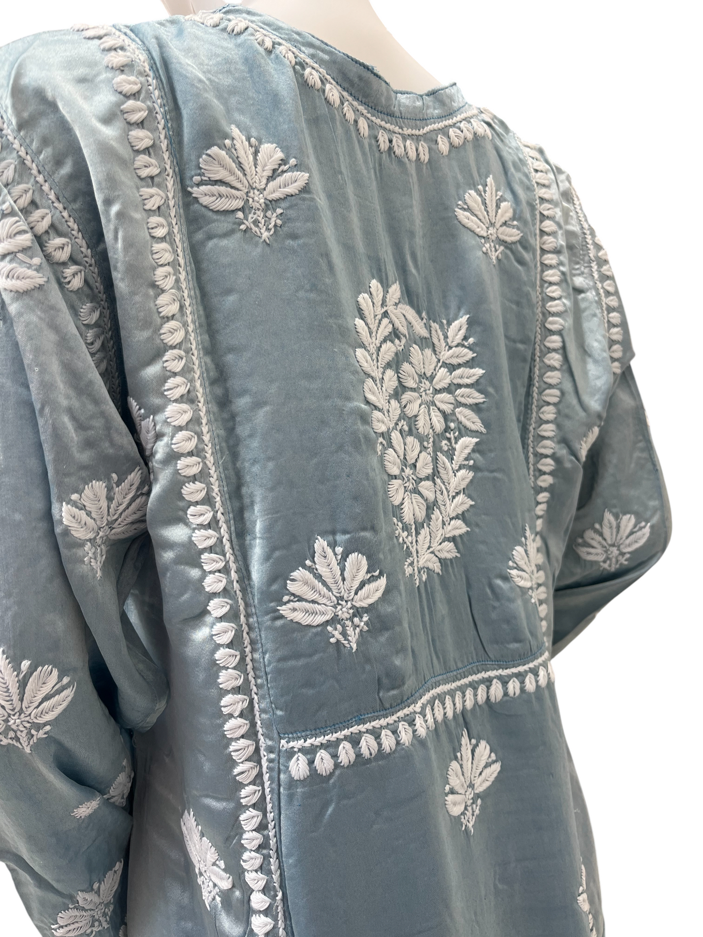 Greyish Blue Satin Chikankari Kurti with Ghaspatti & Keel Kangan Embroidery - SHILVIKA