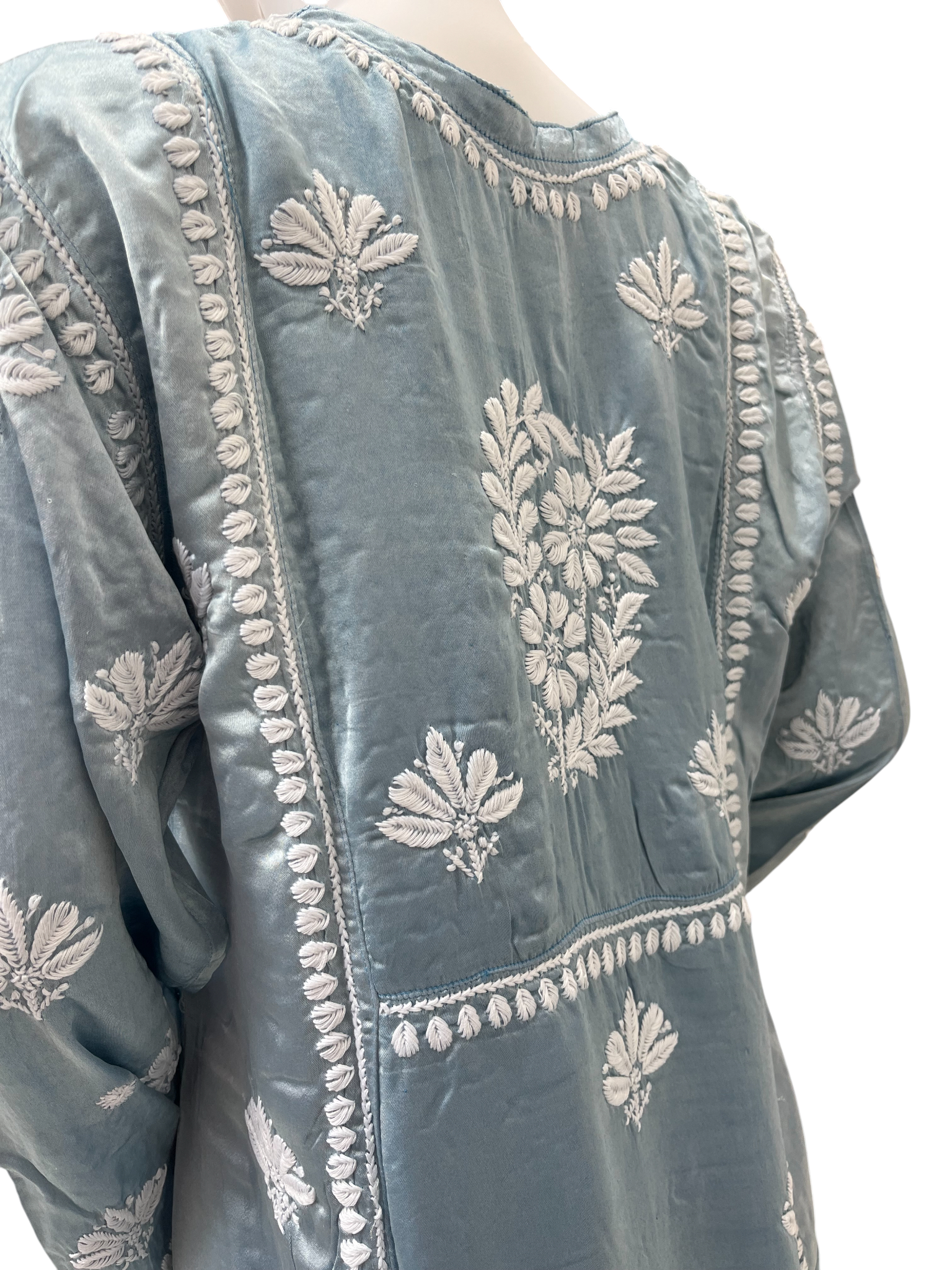 Greyish Blue Satin Chikankari Kurti with Ghaspatti & Keel Kangan Embroidery - SHILVIKA