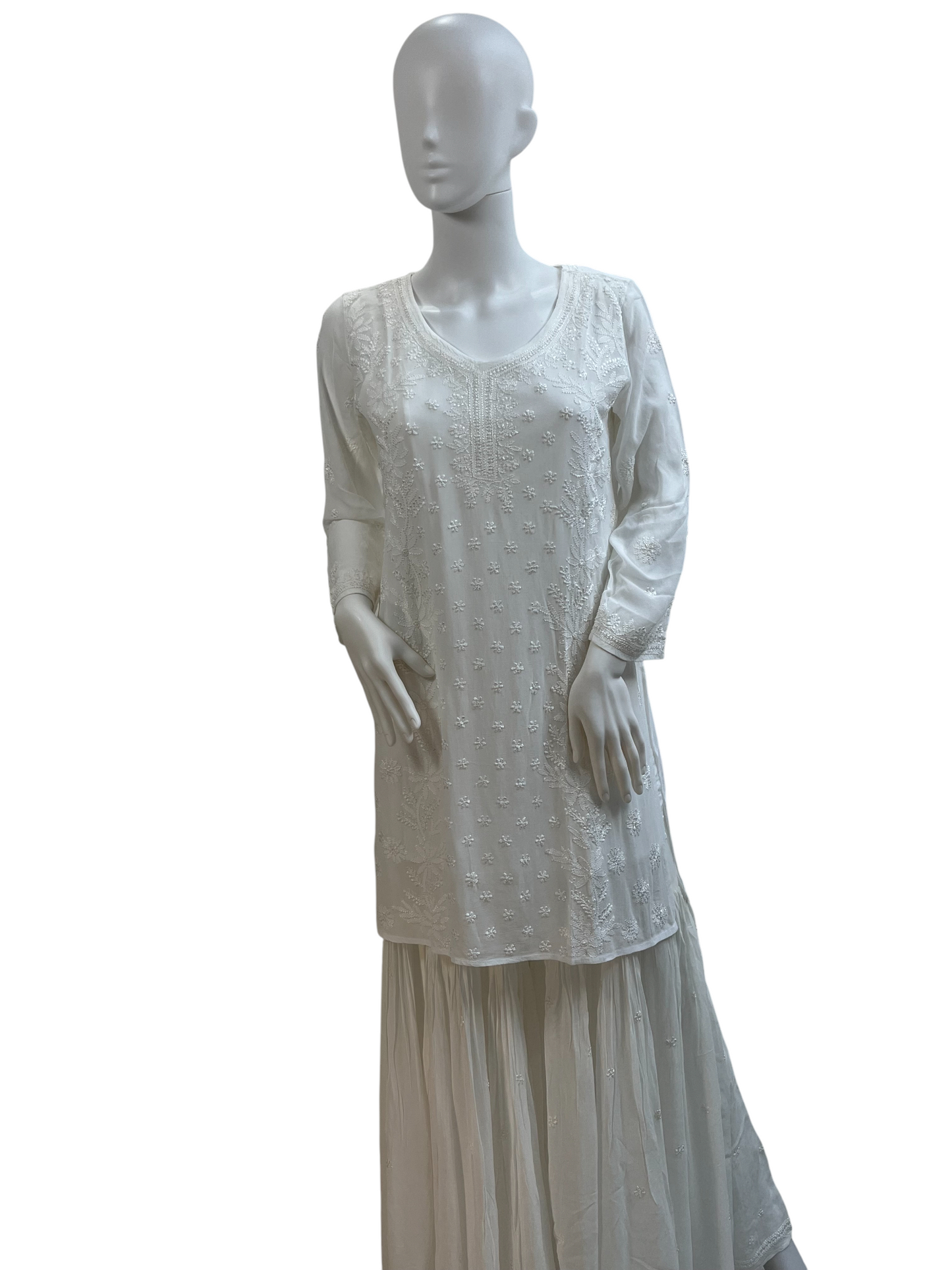 White Chikankari V-Neck Kurta Set with 6-Kali Gharara Plazo and Dupatta - SHILVIKA
