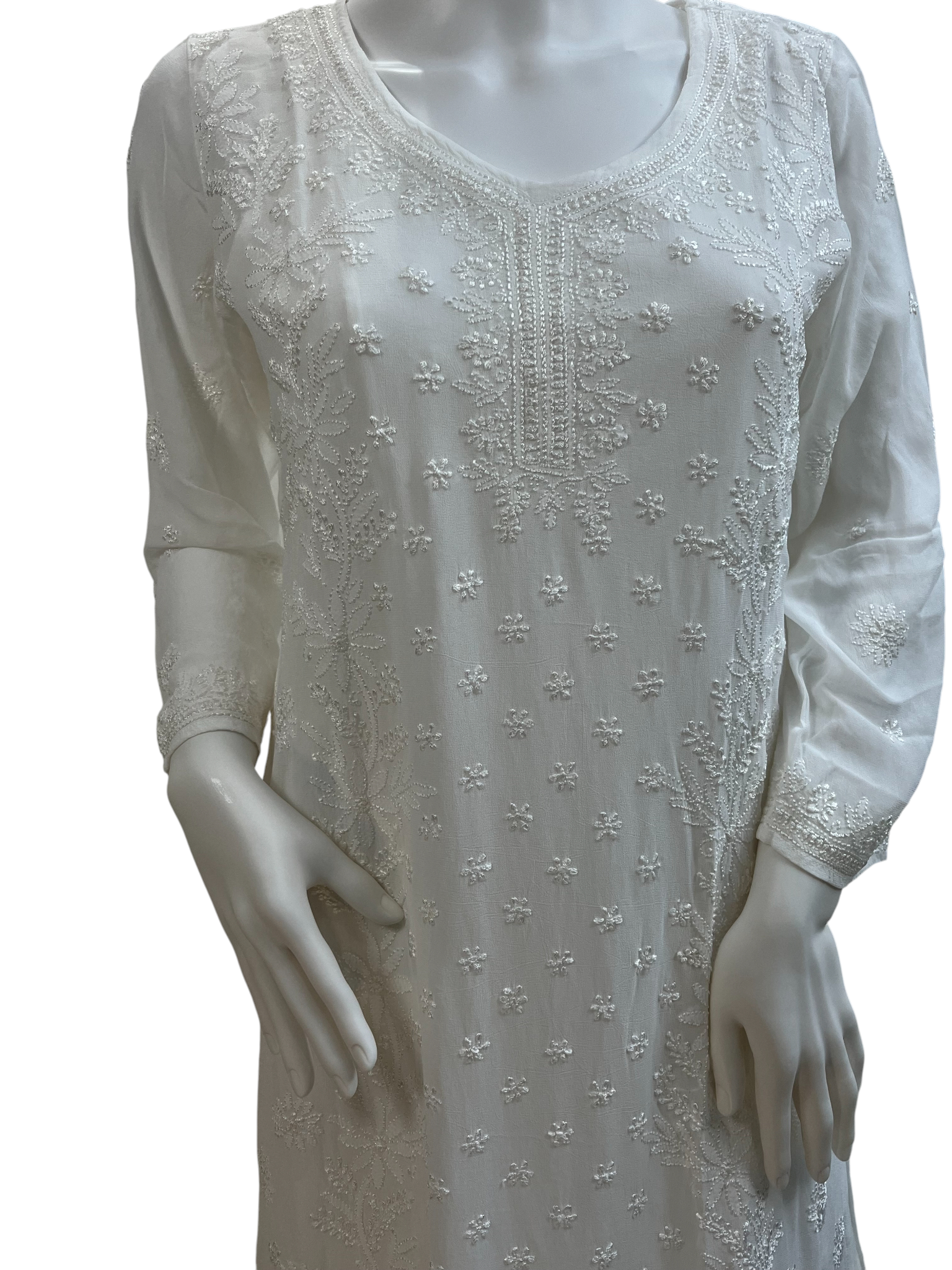 White Chikankari V-Neck Kurta Set with 6-Kali Gharara Plazo and Dupatta - SHILVIKA