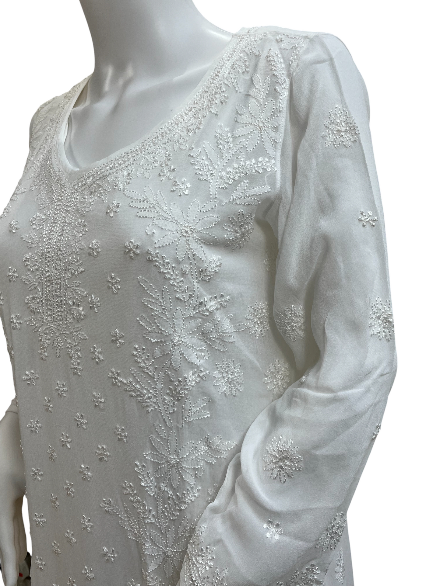 White Chikankari V-Neck Kurta Set with 6-Kali Gharara Plazo and Dupatta - SHILVIKA