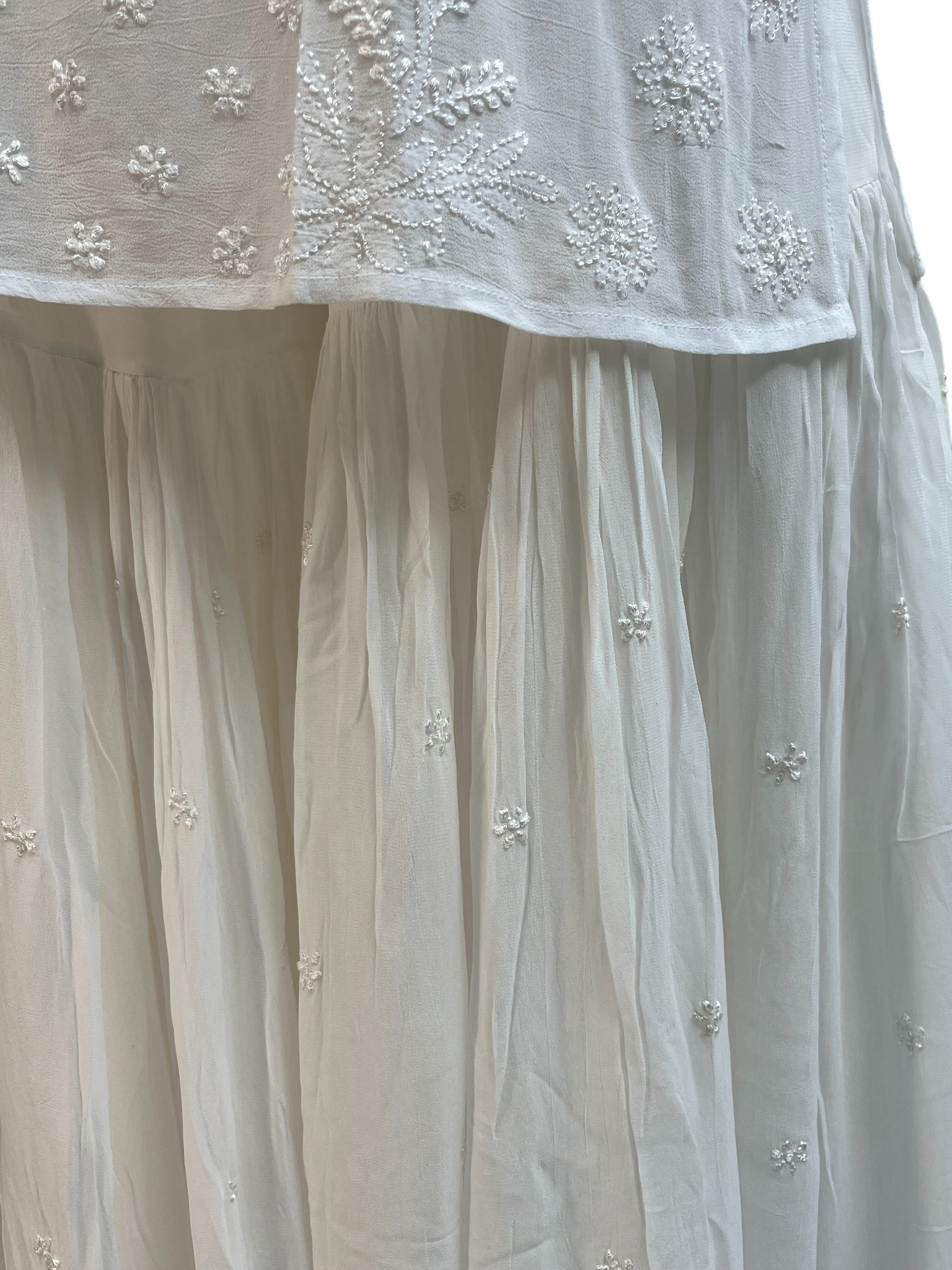 White Chikankari V-Neck Kurta Set with 6-Kali Gharara Plazo and Dupatta - SHILVIKA