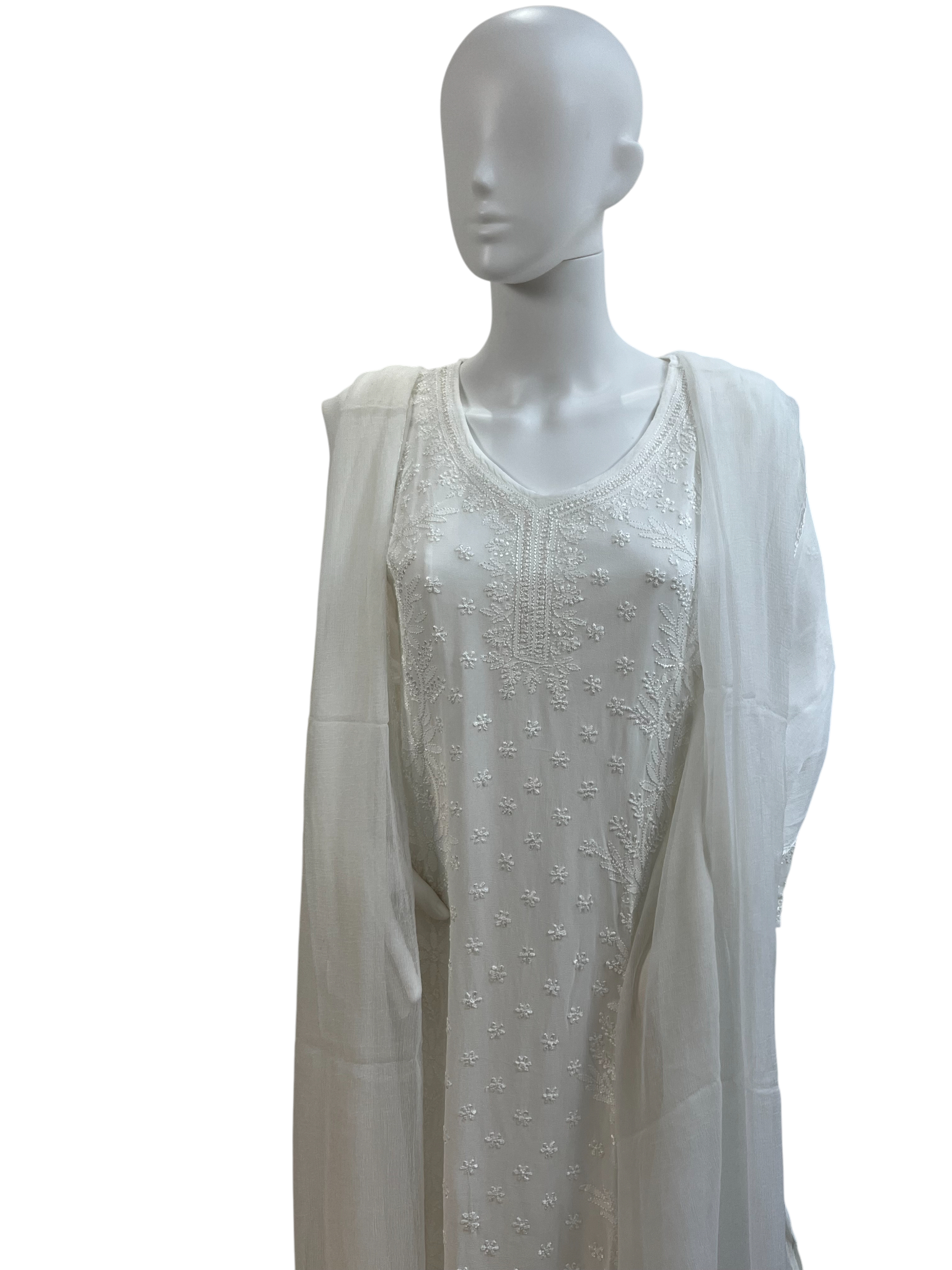 White Chikankari V-Neck Kurta Set with 6-Kali Gharara Plazo and Dupatta - SHILVIKA