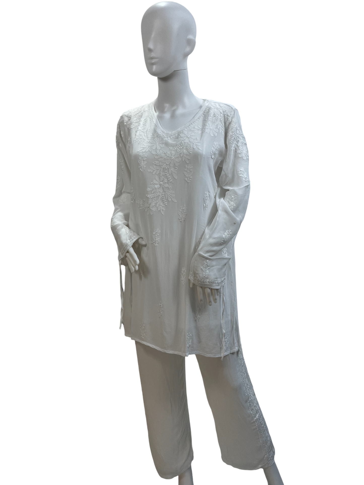 Elegant White Chikankari-Style Embroidered Co-ord Set - SHILVIKA