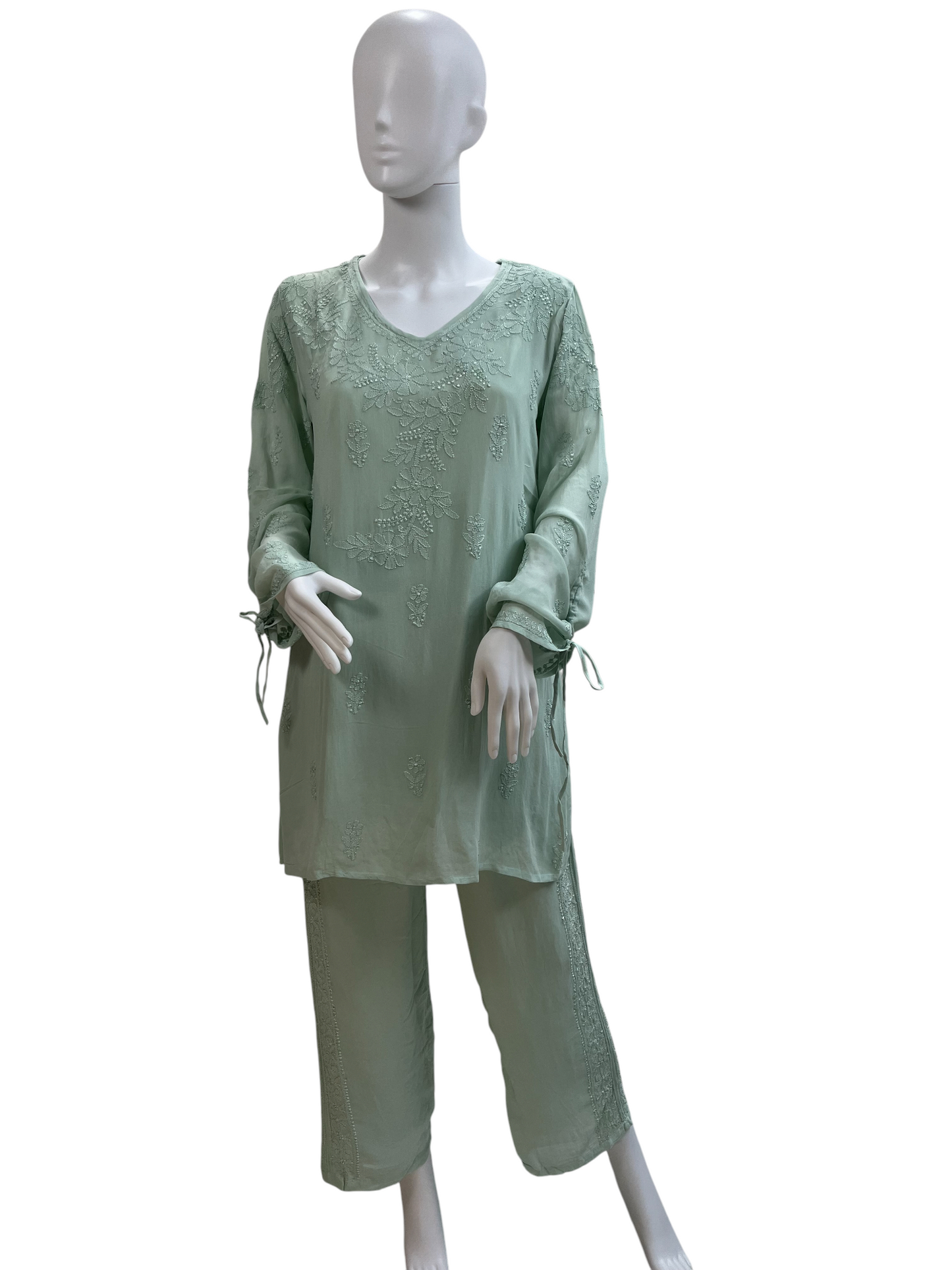 Elegant Mint Green Chikankari-Style Embroidered Co-ord Set - SHILVIKA
