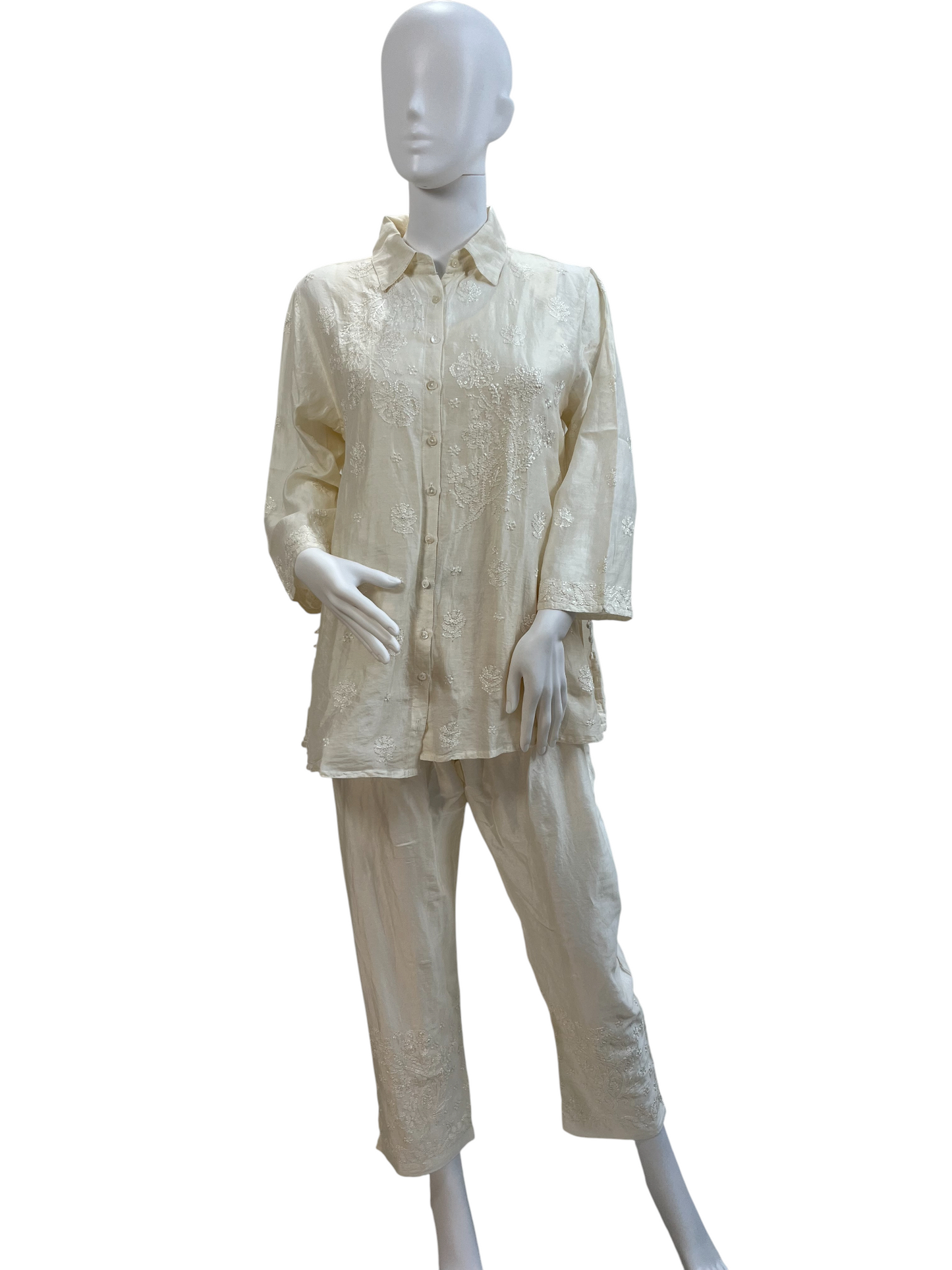 Ivory Chanderi Chikankari Shirt & Pant Co-ord - SHILVIKA