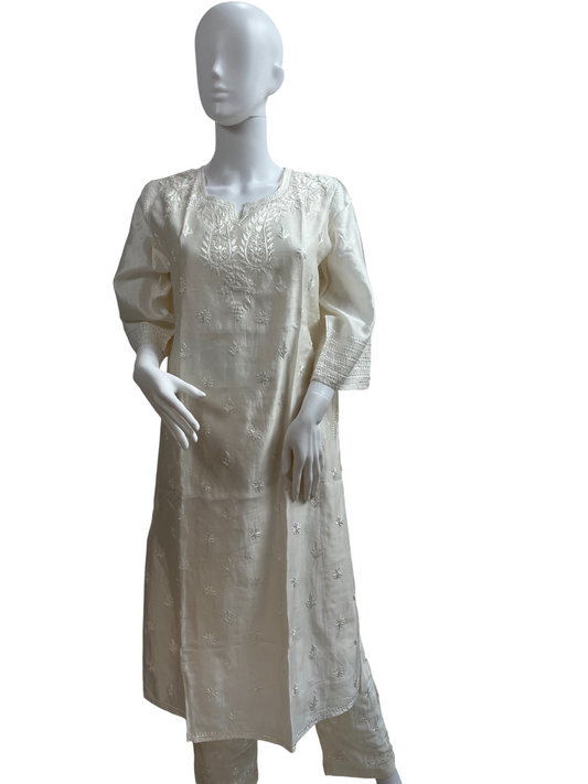 Chanderi Ivory Chikankari Embroidered Kurta with Matching Pant - SHILVIKA