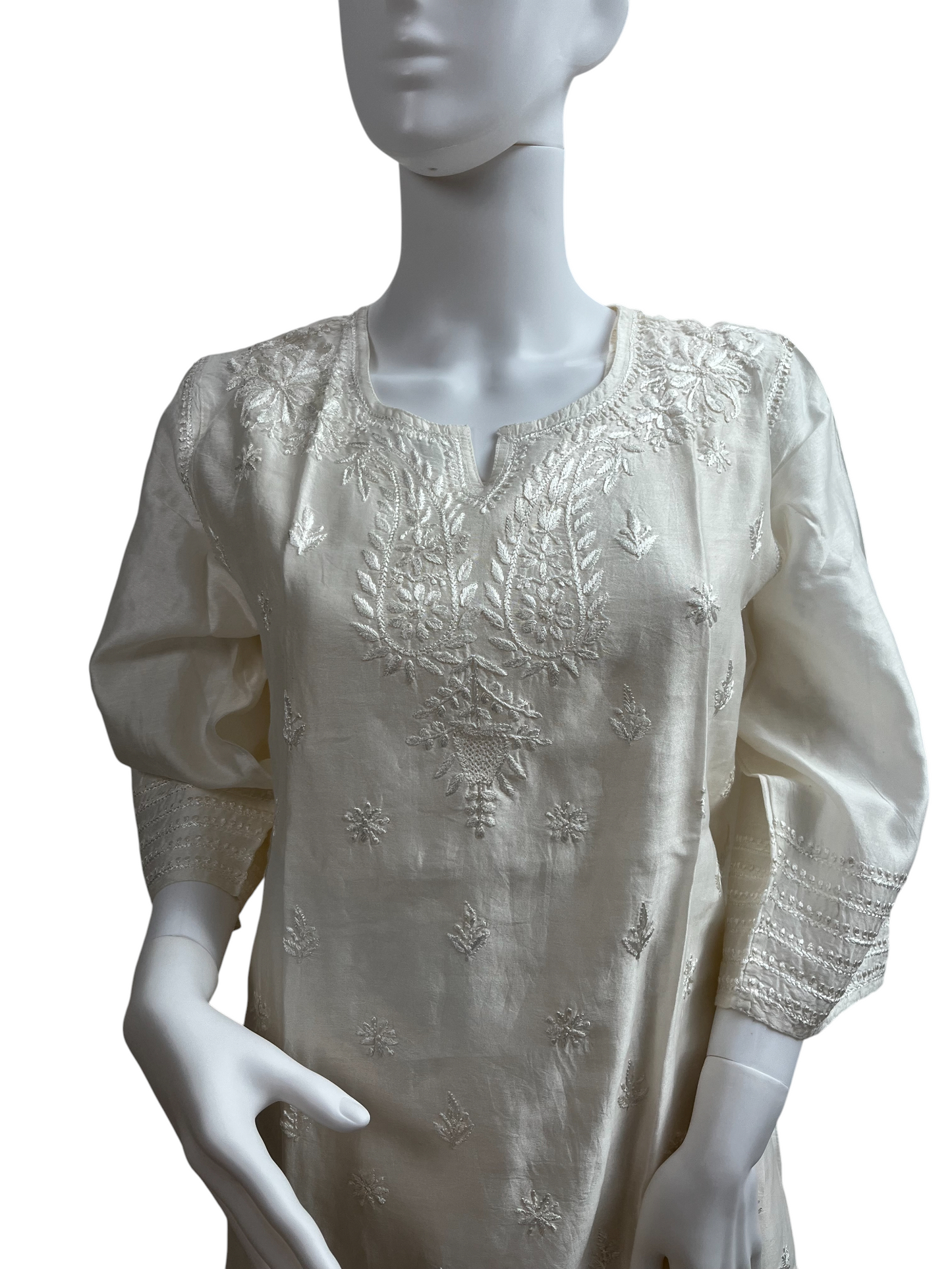 Chanderi Ivory Chikankari Embroidered Kurta with Matching Pant - SHILVIKA