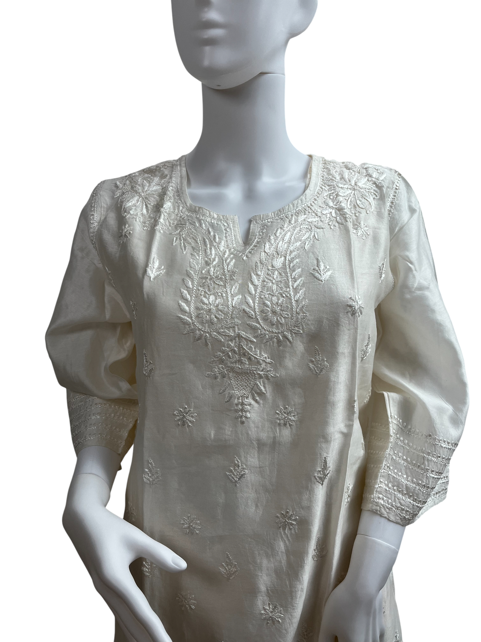 Chanderi Ivory Chikankari Embroidered Kurta with Matching Pant - SHILVIKA