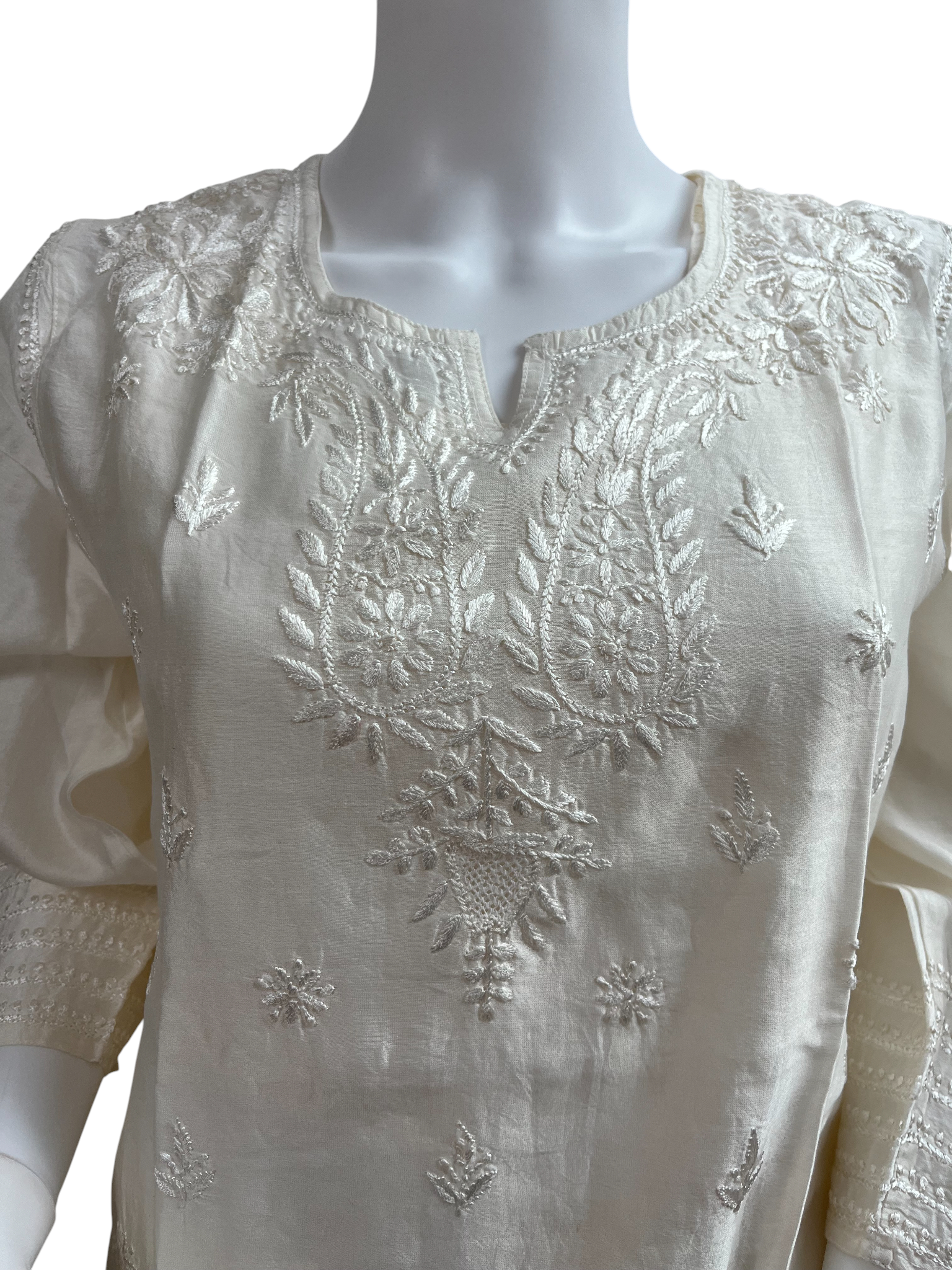 Chanderi Ivory Chikankari Embroidered Kurta with Matching Pant - SHILVIKA