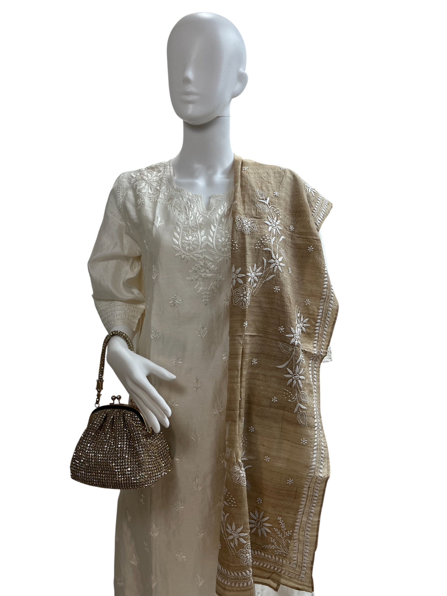 Chanderi Ivory Chikankari Embroidered Kurta with Matching Pant - SHILVIKA