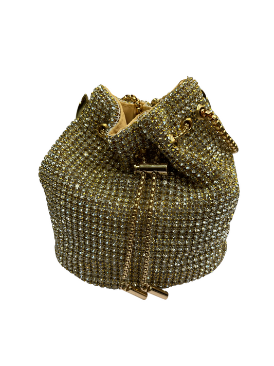 Gold Crystal Embellished Potli Bag with Drawstring and Chain - SHILVIKA