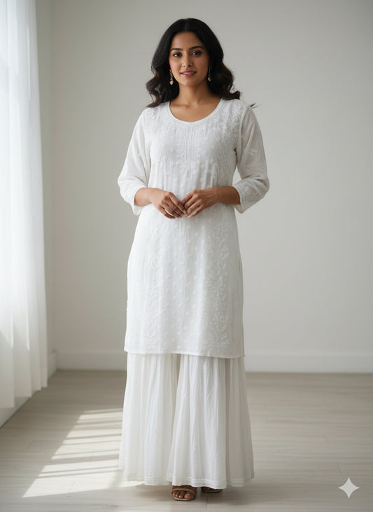 White Chikankari V-Neck Kurta Set with 6-Panel Gharara Plazo and Dupatta