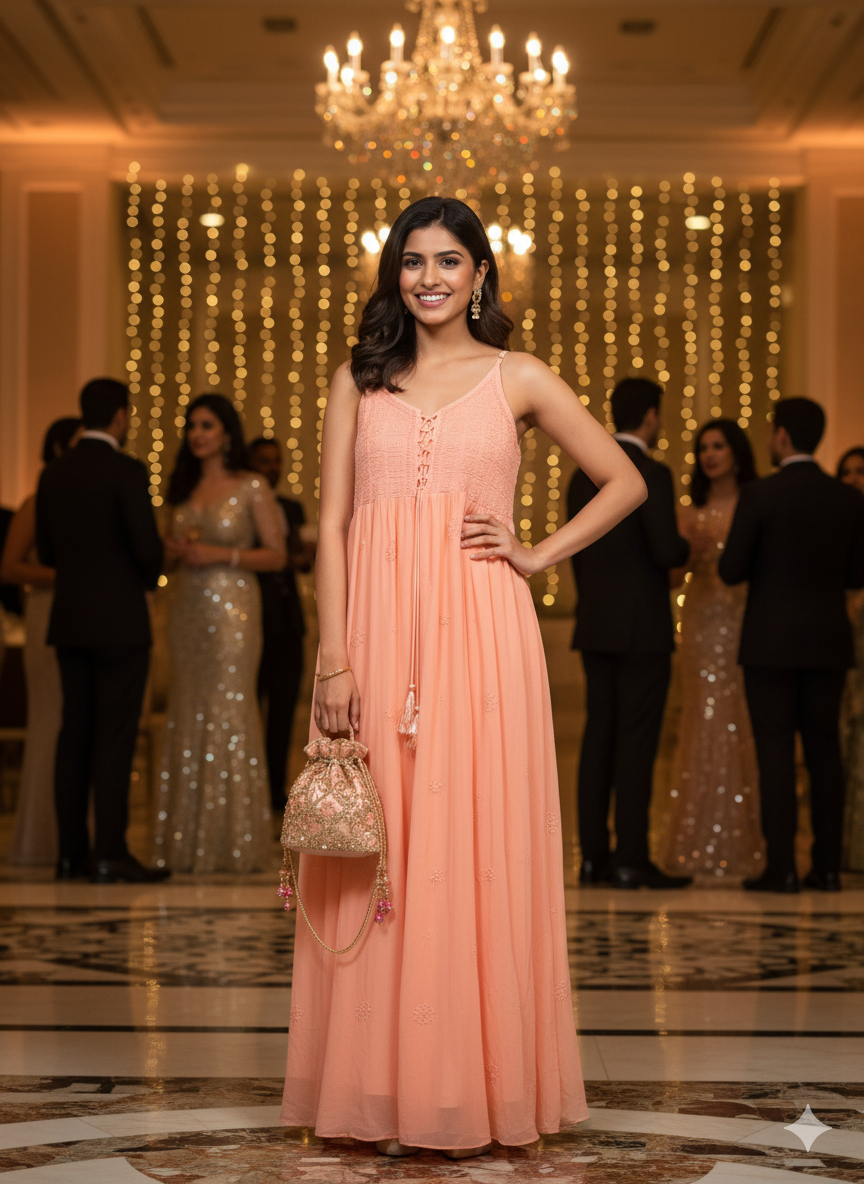 Peach Hand-Embroidered Chikankari Long Dress with Lace-Up Detail