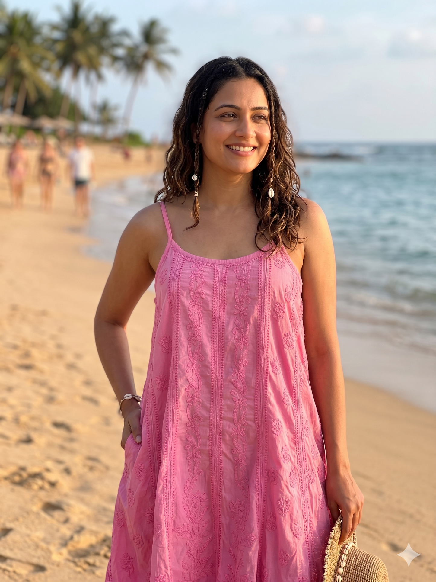 Pink cotton Chikankari spaghetti dress by SHILVIKA featuring delicate embroidery and a stylish sleeveless design.