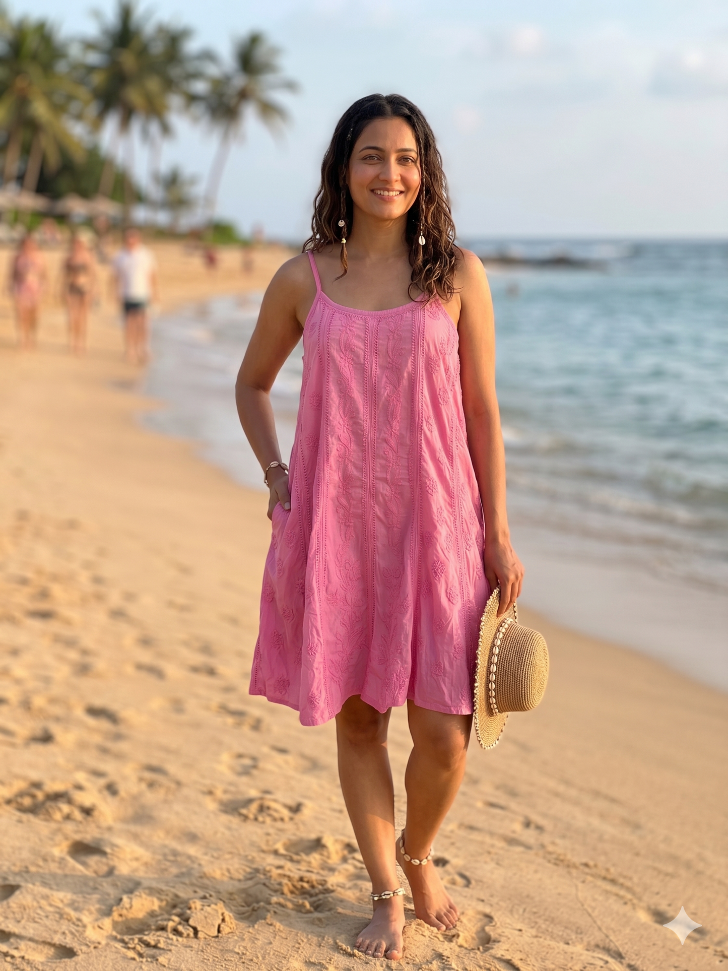 Pink cotton Chikankari spaghetti dress by SHILVIKA, featuring intricate embroidery and a stylish sleeveless design.