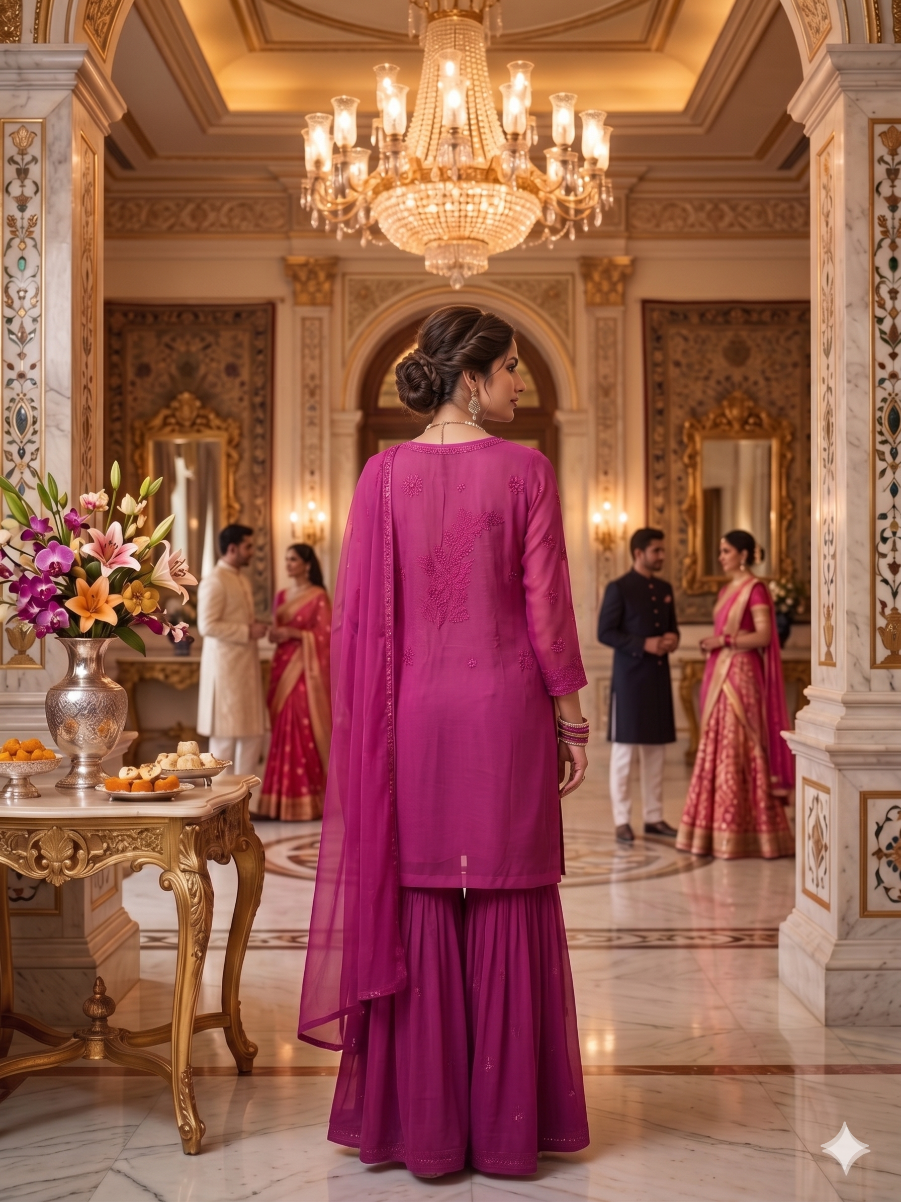 Magenta Chikankari V-Neck Kurta Set with 6-Panel Gharara Plazo and Dupatta - SHILVIKA