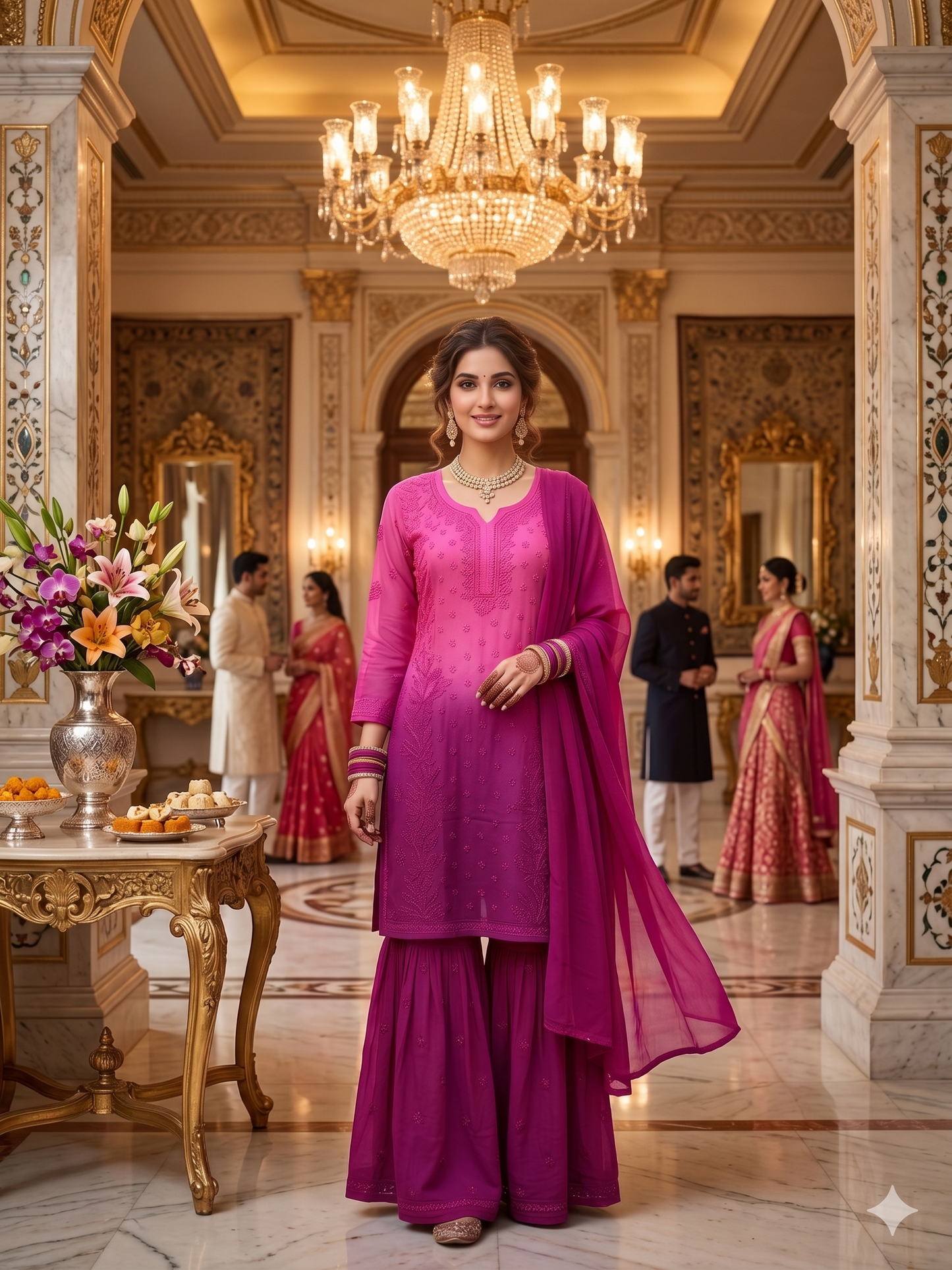 Magenta Chikankari V-Neck Kurta Set with 6-Panel Gharara Plazo and Dupatta - SHILVIKA