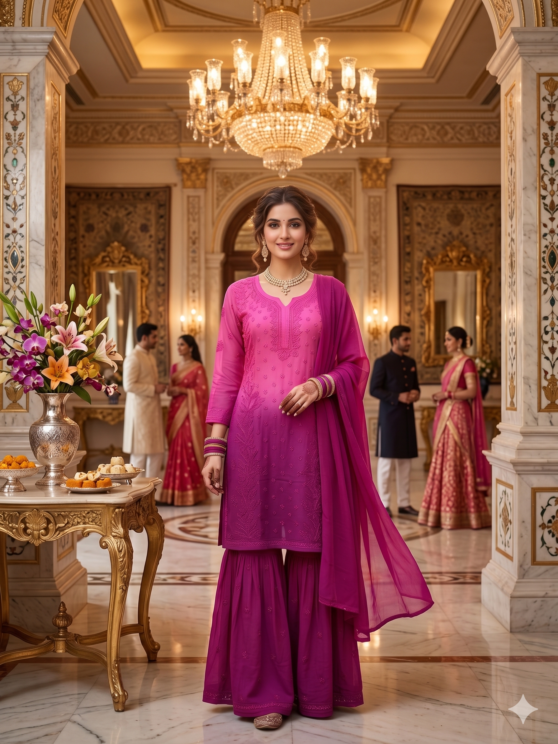 Magenta Chikankari V-Neck Kurta Set with 6-Panel Gharara Plazo and Dupatta - SHILVIKA