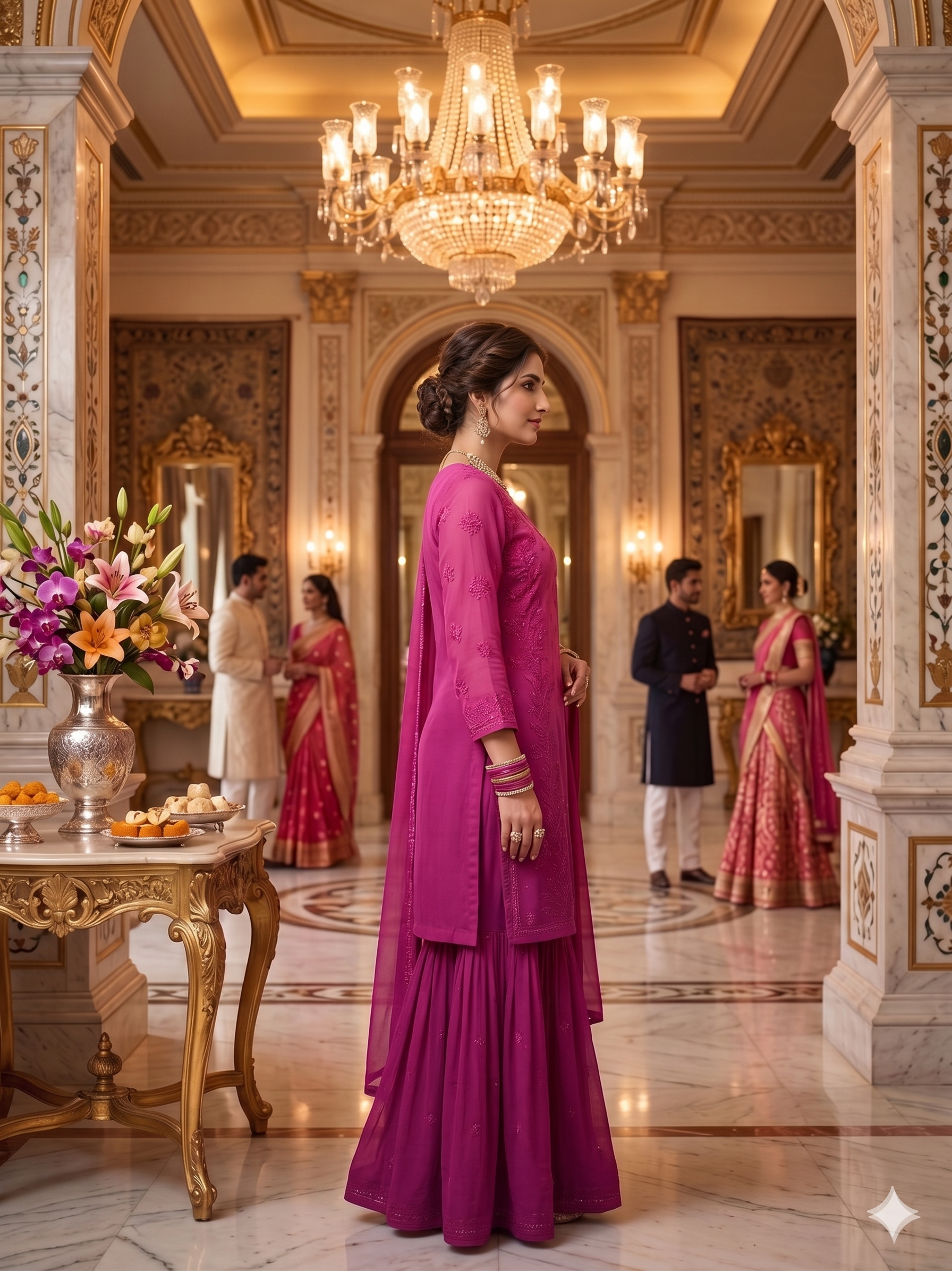 Magenta Chikankari V-Neck Kurta Set with 6-Panel Gharara Plazo and Dupatta - SHILVIKA
