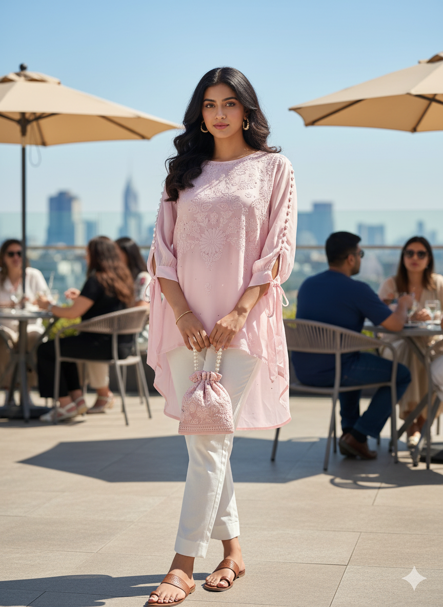 Hand Chikan Embroidery Pearl Sleeve Georgette Light Pink Top