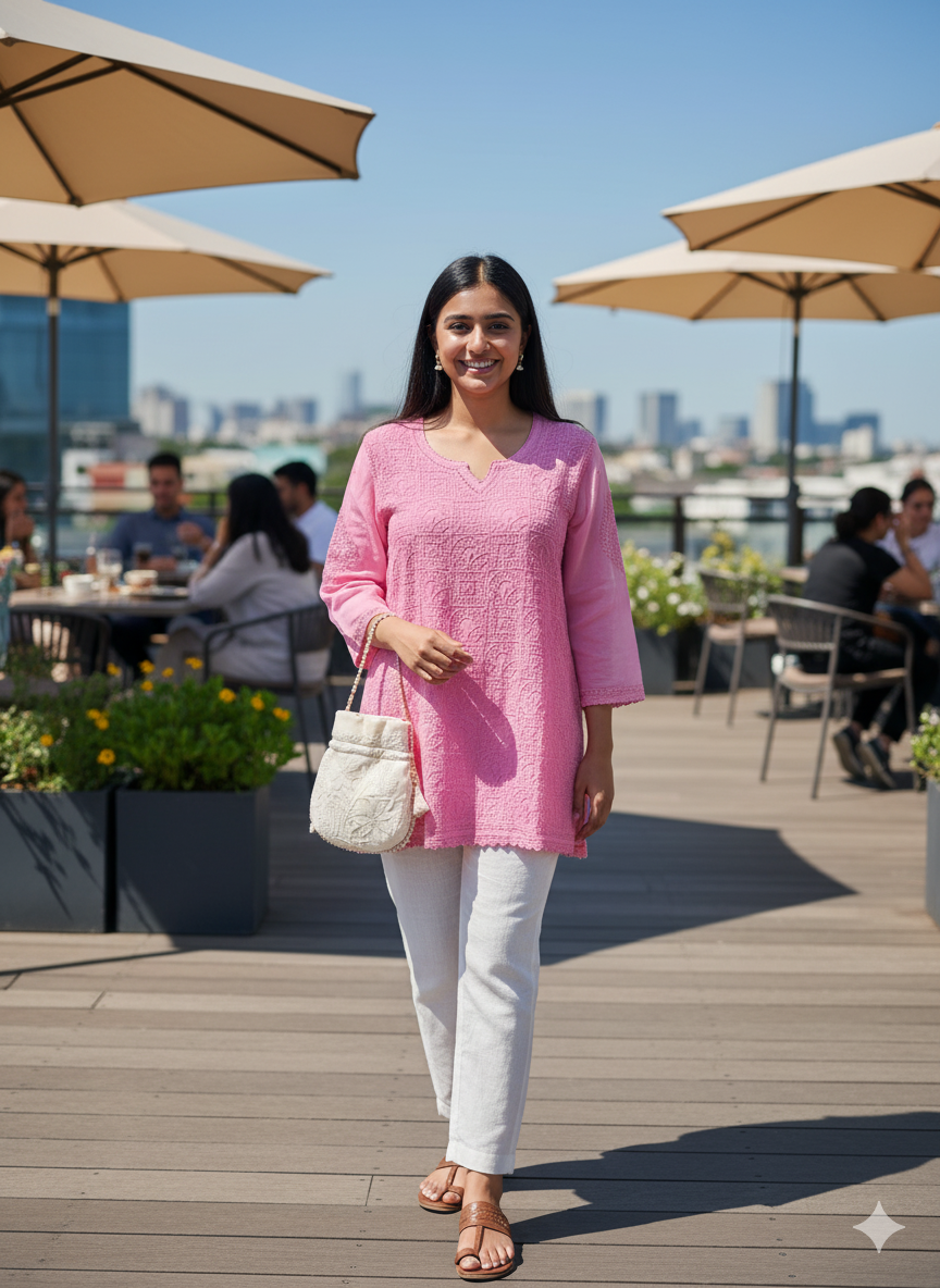 Pink Hand-Embroidered Chikankari Top with Matching Lace Details