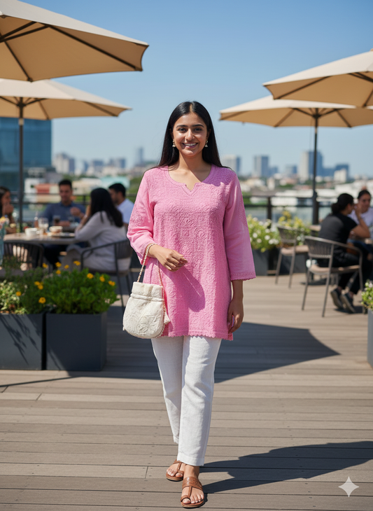 Pink Hand-Embroidered Chikankari Top with Matching Lace Details - SHILVIKA