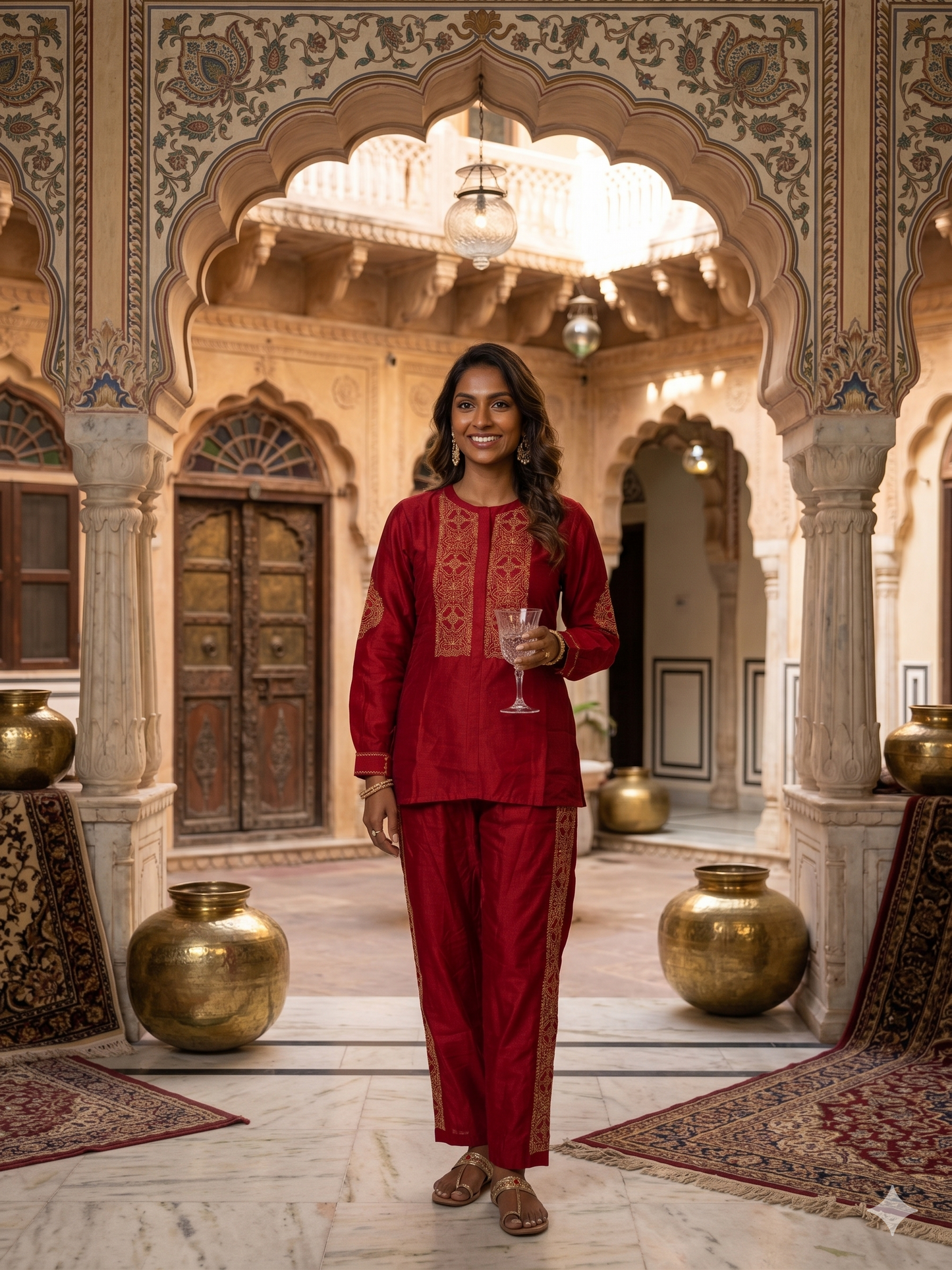 Red Chikankari Co-Ord Set dress by SHILVIKA with intricate embroidery and matching fabric, showcasing traditional Indian craftsmanship.