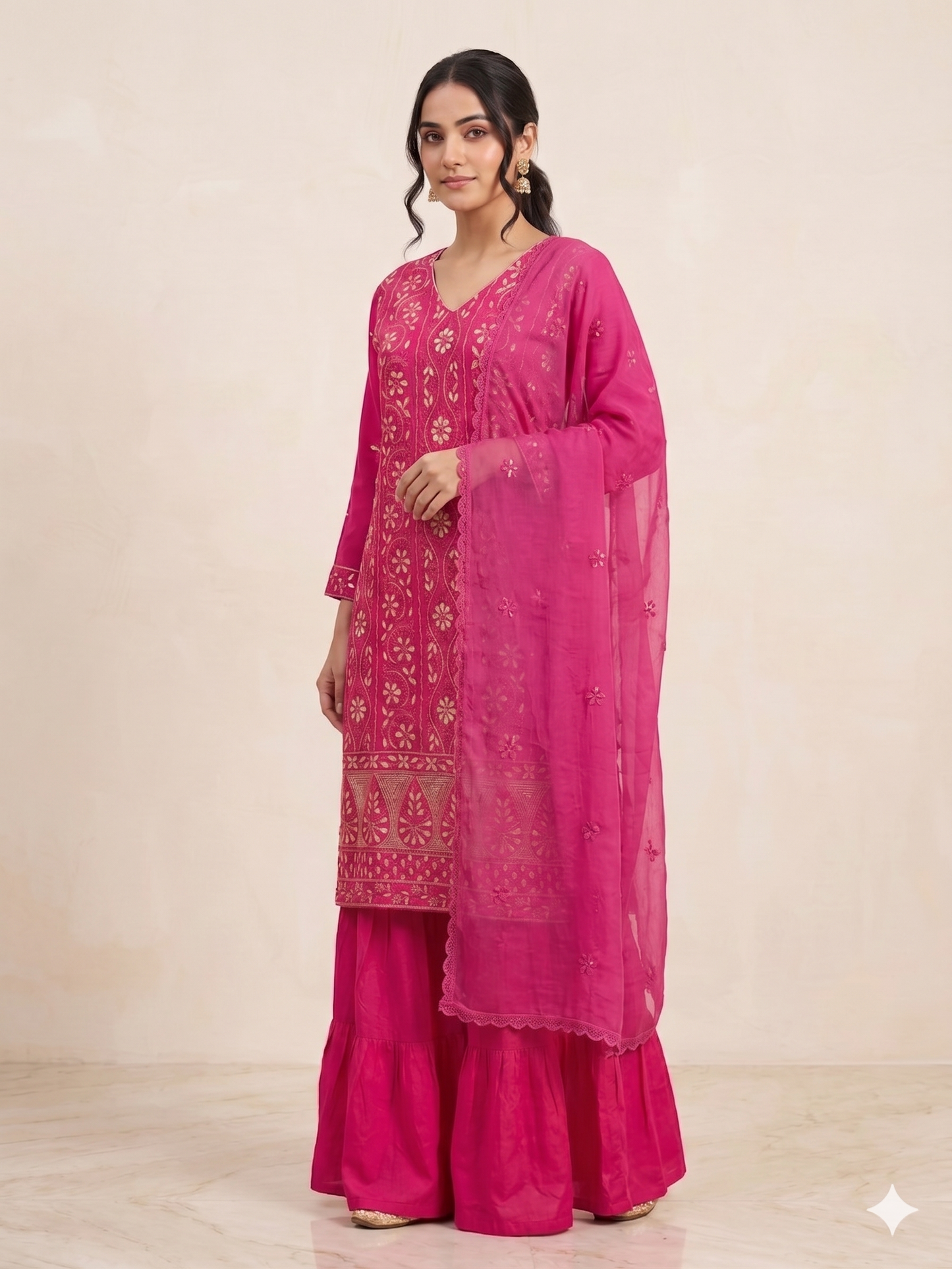Pure Silk Georgette Kurta Gharara with Dupatta - Magenta - SHILVIKA