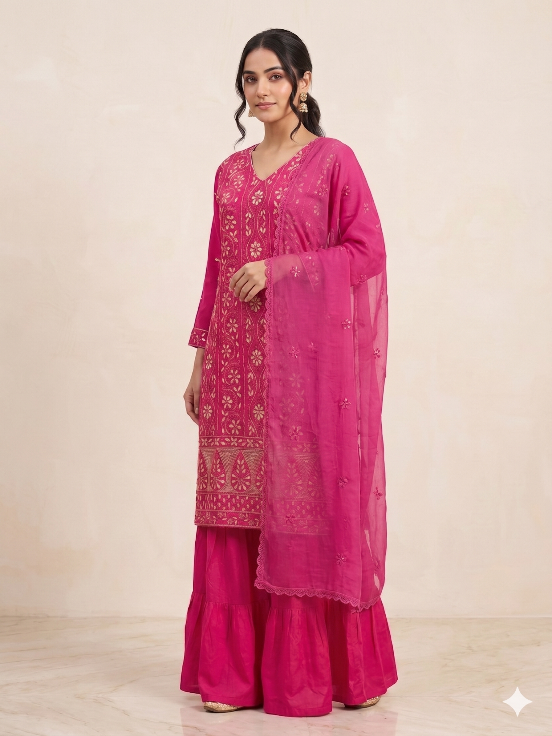 Pure Silk Georgette Kurta Gharara with Dupatta - Magenta - SHILVIKA