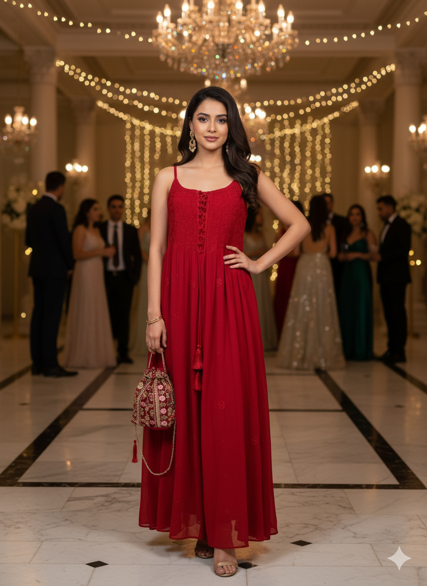 Red Hand-Embroidered Chikankari Long Dress with Lace-Up Detail