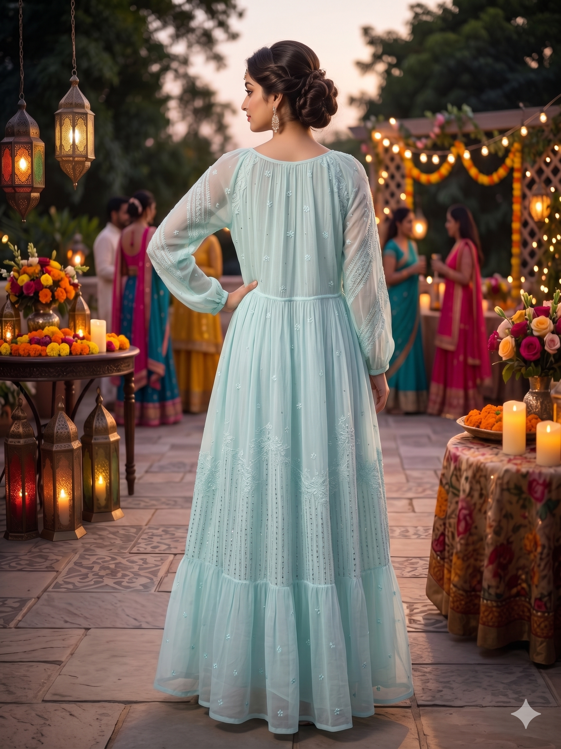 Turquoise chikankari raglan sleeve dress by SHILVIKA, featuring intricate embroidery and a flowing design for elegant wear.