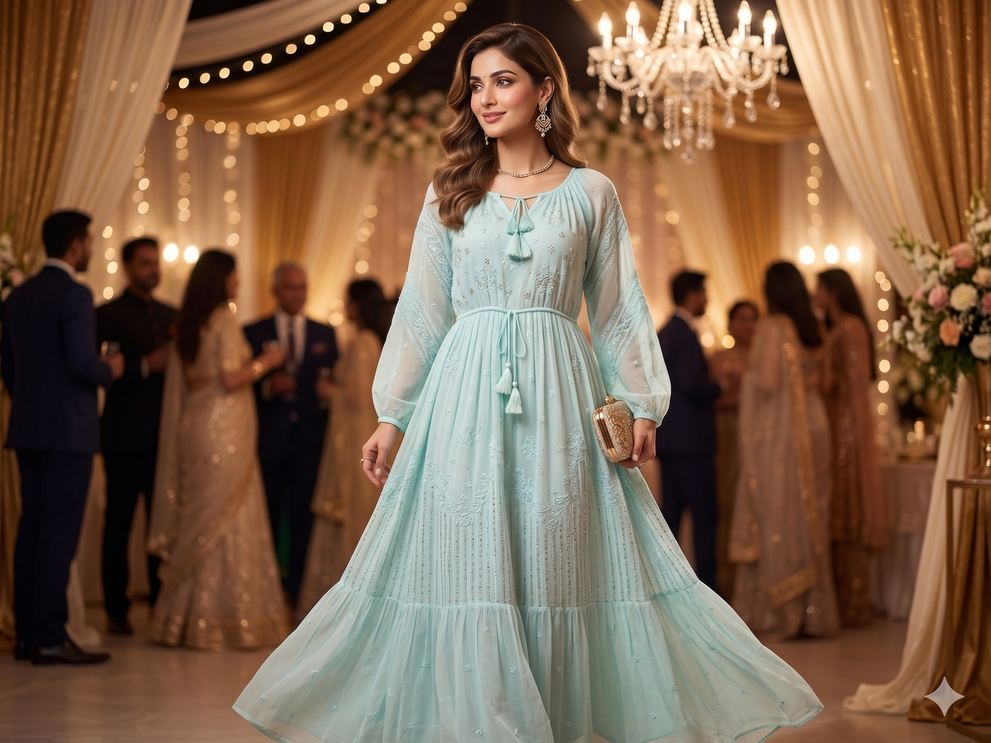 Turquoise Chikankari raglan sleeve dress by SHILVIKA featuring intricate embroidery and a flowing silhouette.