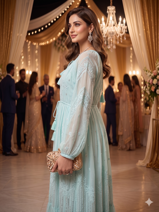 Turquoise Chikankari raglan sleeve dress by SHILVIKA, featuring intricate embroidery and a stylish, elegant design.