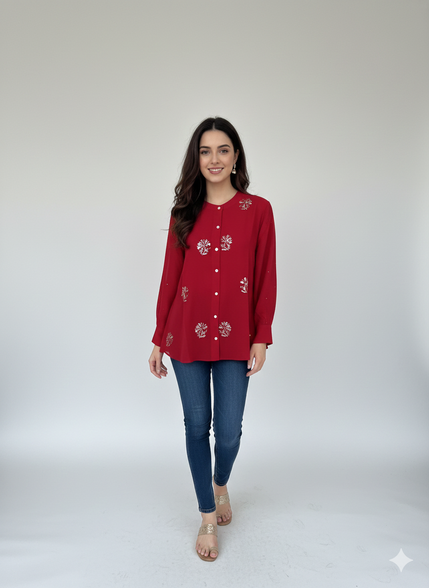 Pure Silk Georgette Shirt with Balda Work - Red - SHILVIKA