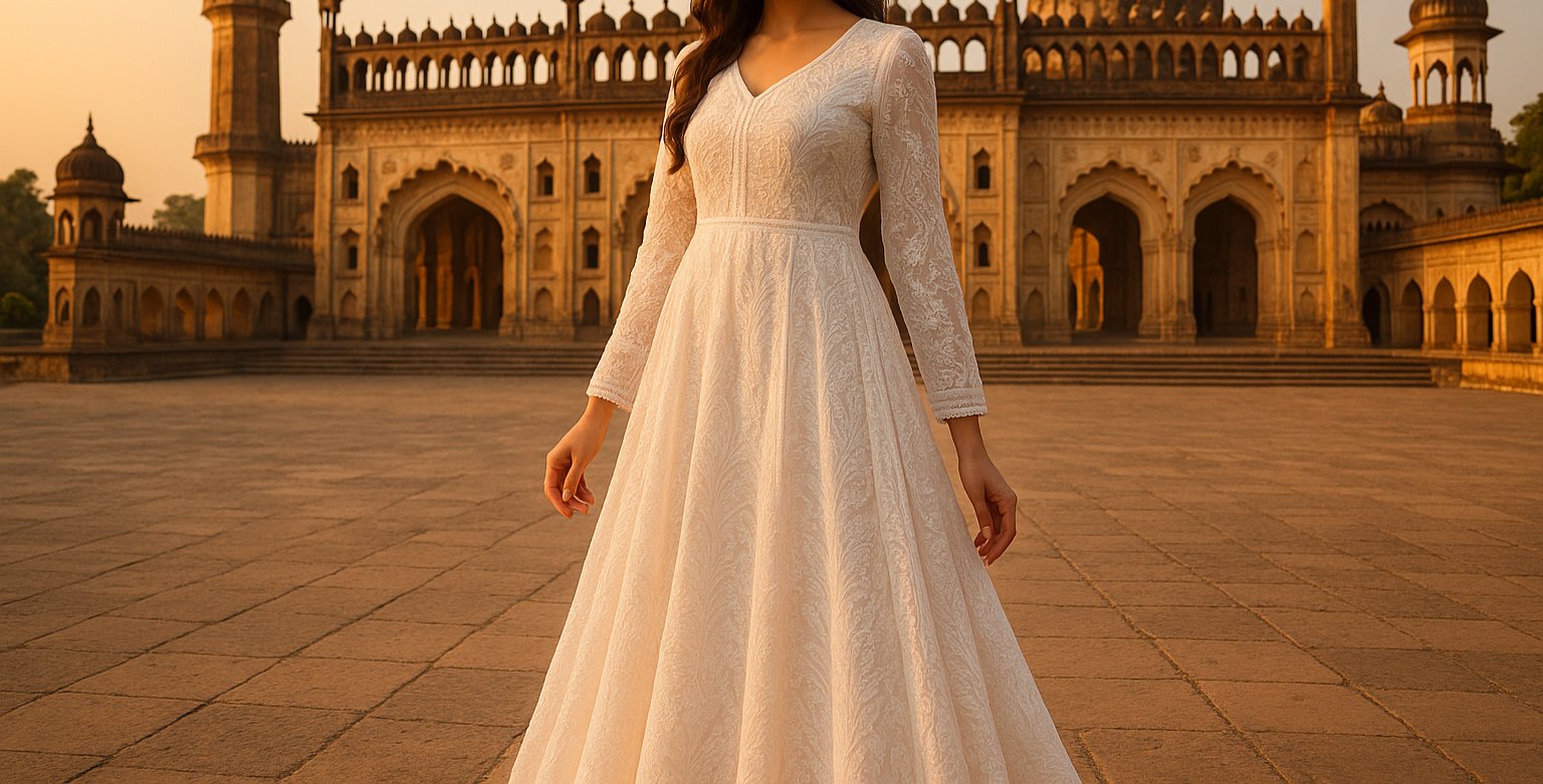 Girl wearing Modern Chikan Embroidery dress in the court yard of Imambada in Lucknow